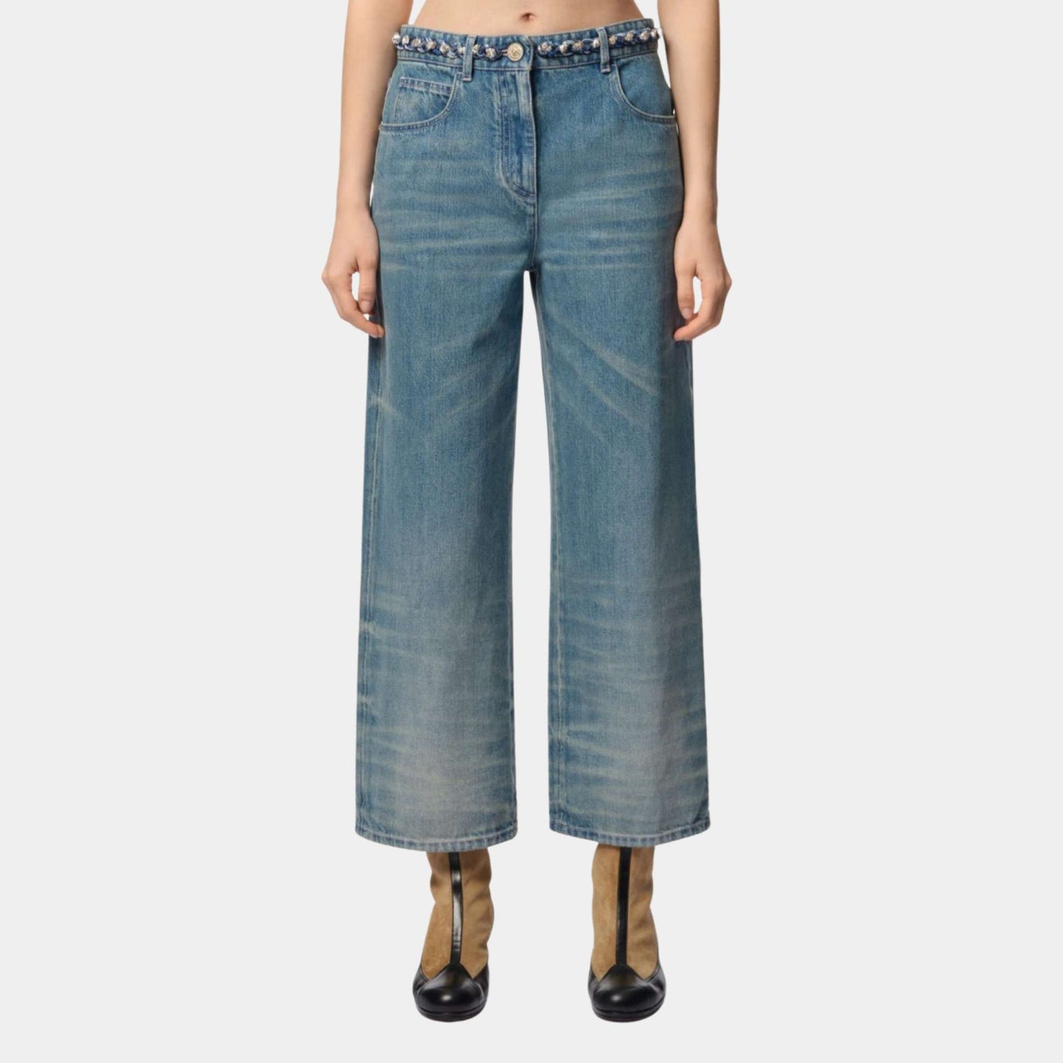 Chanel Washed Out Blue Denim Wide-Leg Denim Jeans, Front