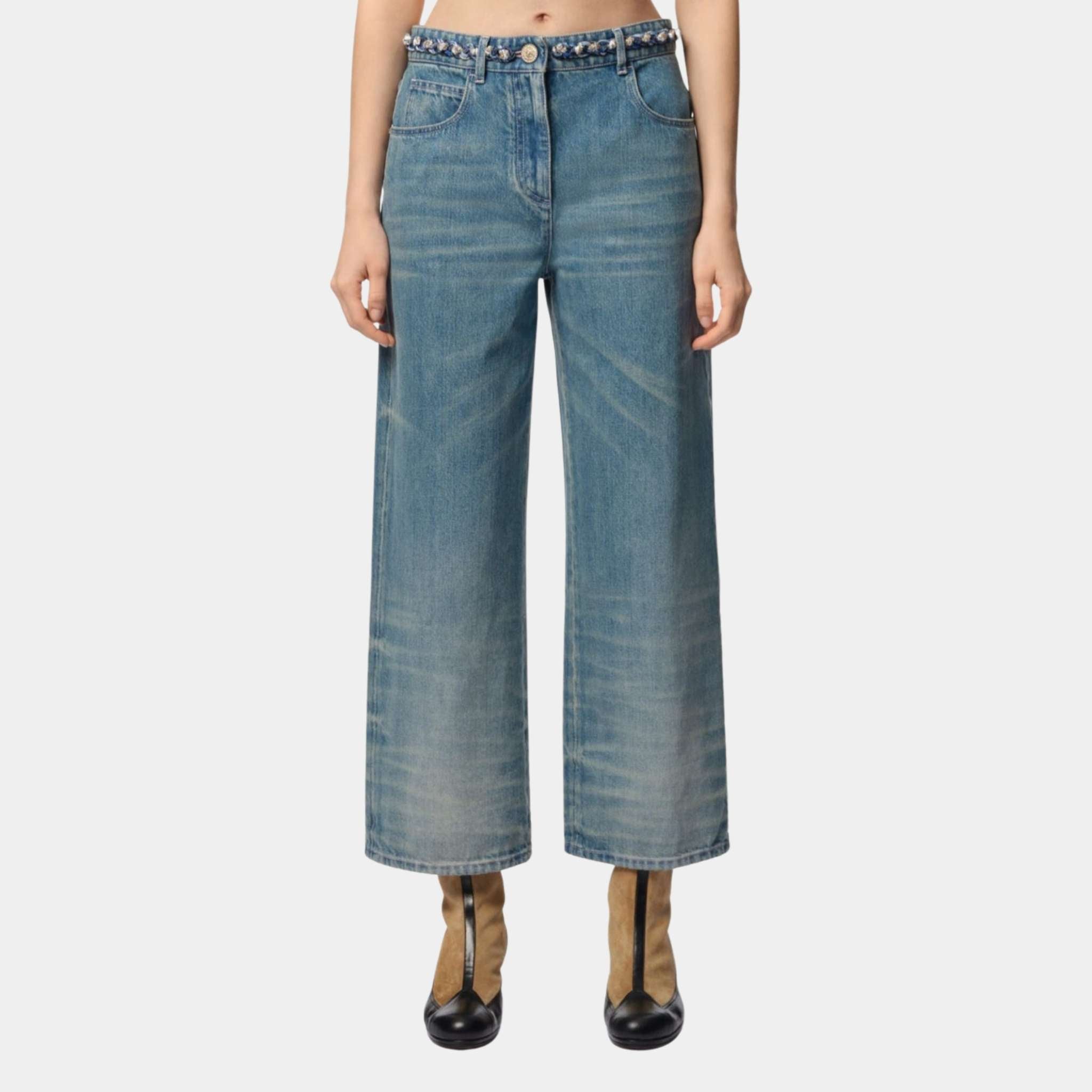 Chanel Washed Out Blue Denim Wide-Leg Denim Jeans, Front