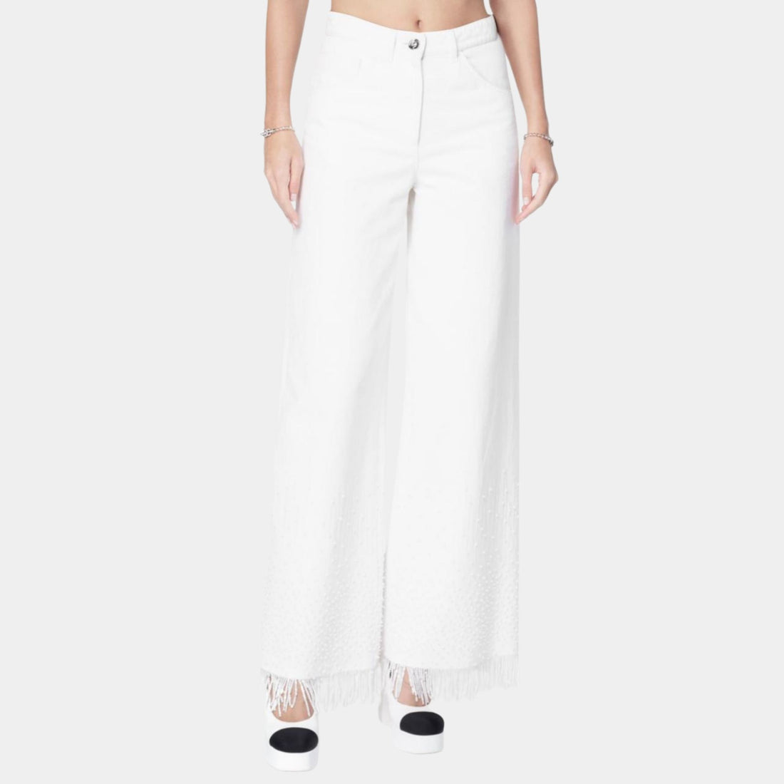 Chanel White Denim Jeans Embroidered with Beads, Front