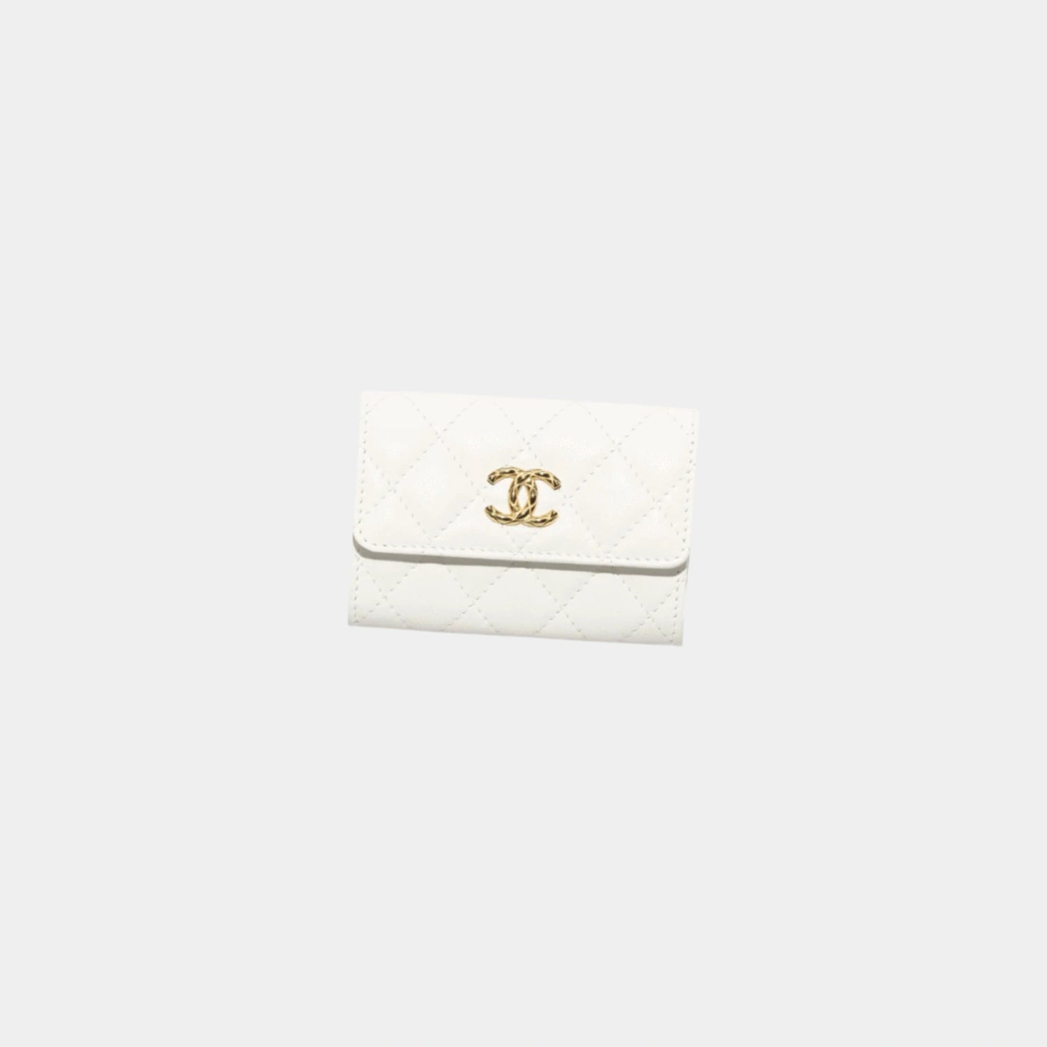 Chanel White Flap Card Holder in Grained Shiny Calfskin, White, Front
