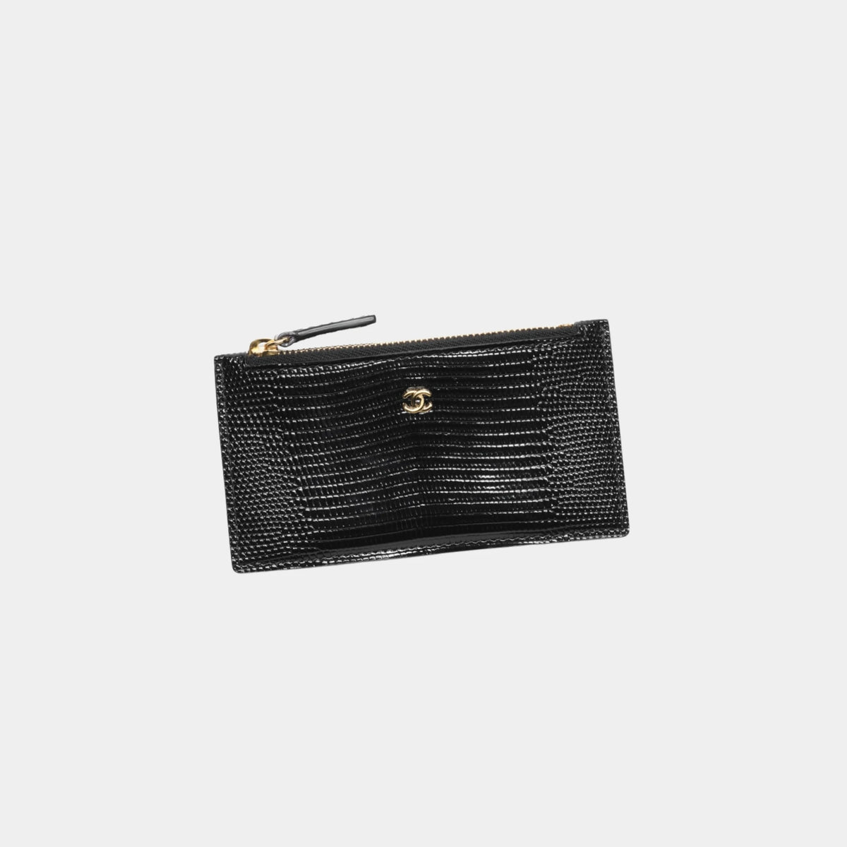 Zipped Card Holder in Black Lizard Embossed Calfskin