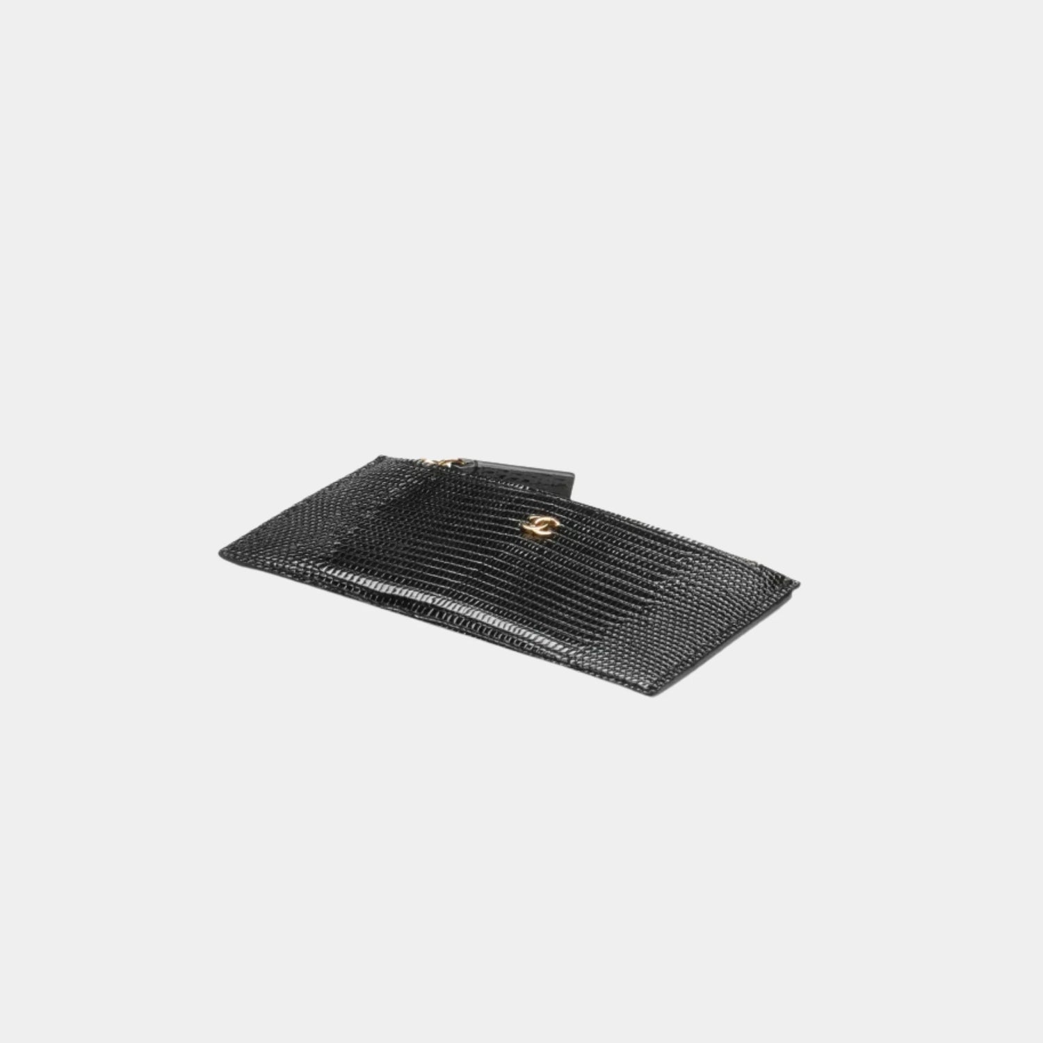 Chanel Zipped Card Holder in Black Lizard Embossed Calfskin, Top