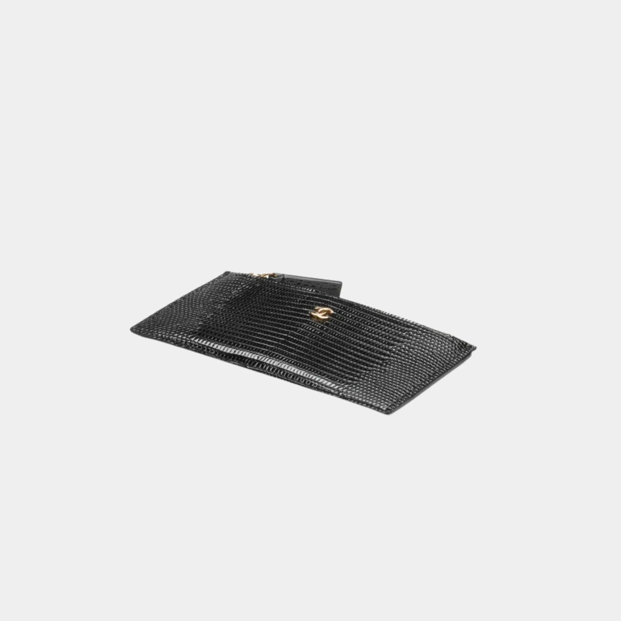 Chanel Zipped Card Holder in Black Lizard Embossed Calfskin, Top