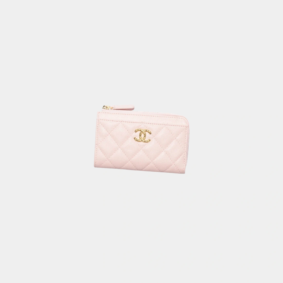 Chanel Zipped Card Holder in Grained Shiny Calfskin, Light Pink, Front