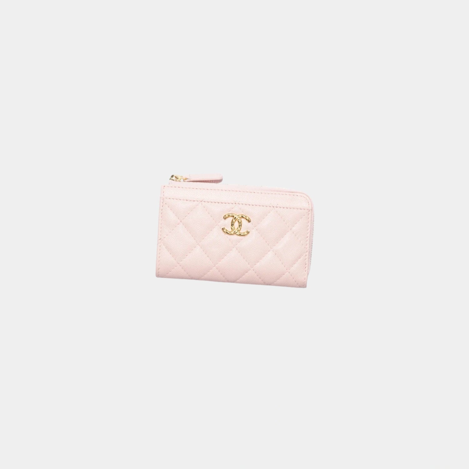 Chanel Zipped Card Holder in Grained Shiny Calfskin, Light Pink, Front