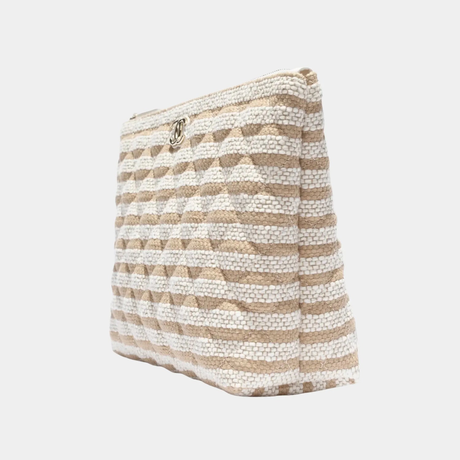 Chanel Zipped Case in Printed Fabric &amp; Gold Metal, Light Beige, Side
