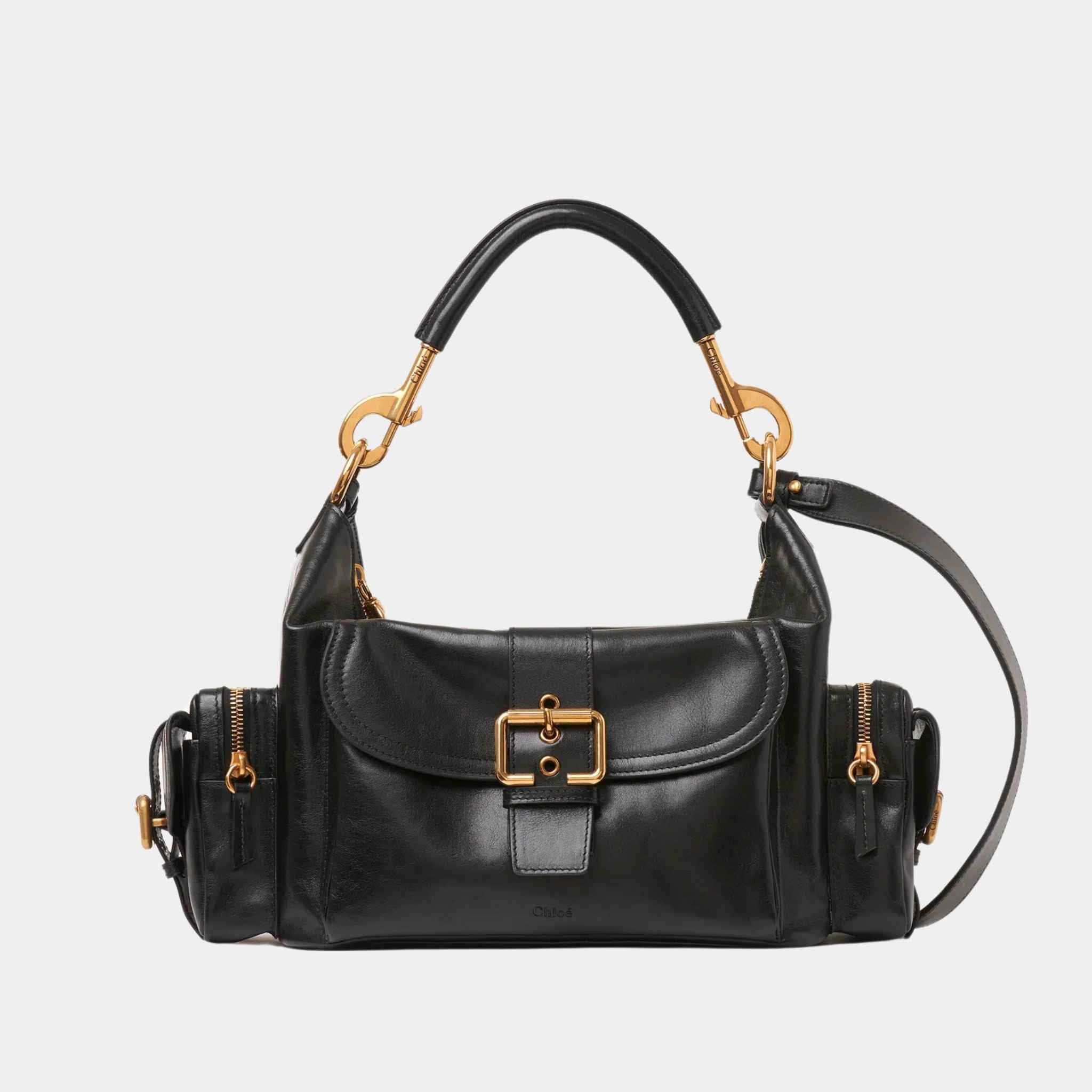 Chloe Camera Bag in Shiny Leather, Black, Front