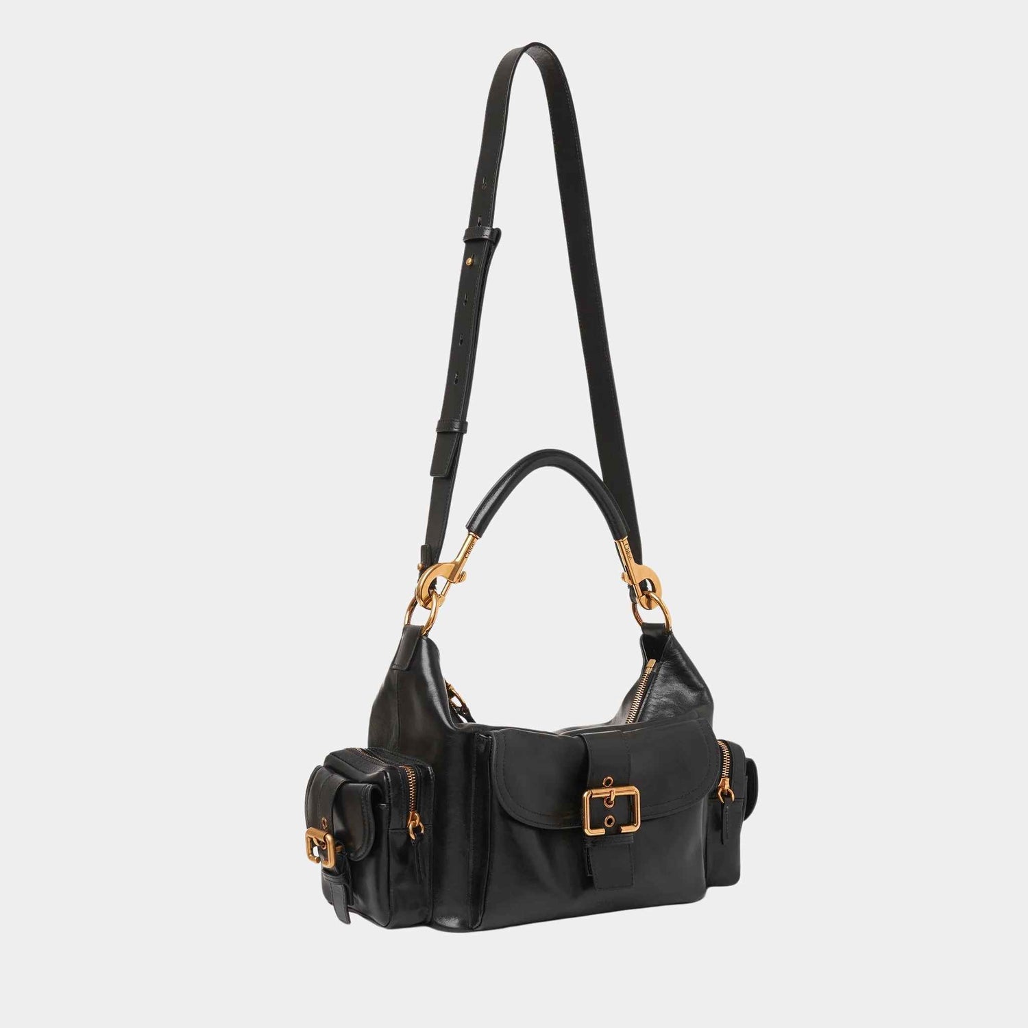 Chloe Camera Bag in Shiny Leather, Black, Side