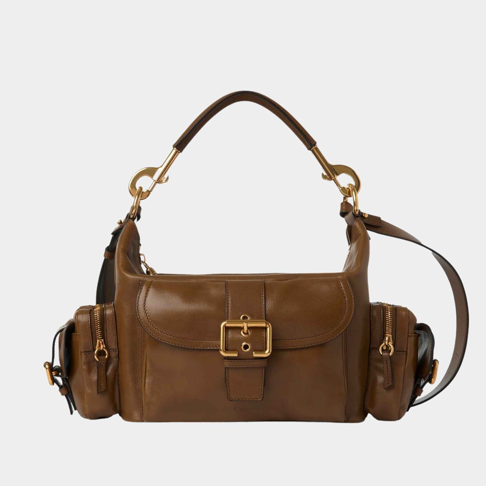 Chloe Camera Bag in Shiny Leather, Dark Khaki, Front