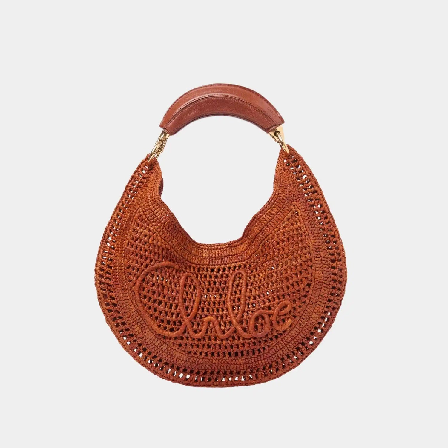 Chloe Summer Banana Hobo Bag in Raffia, Clay Brown, Front