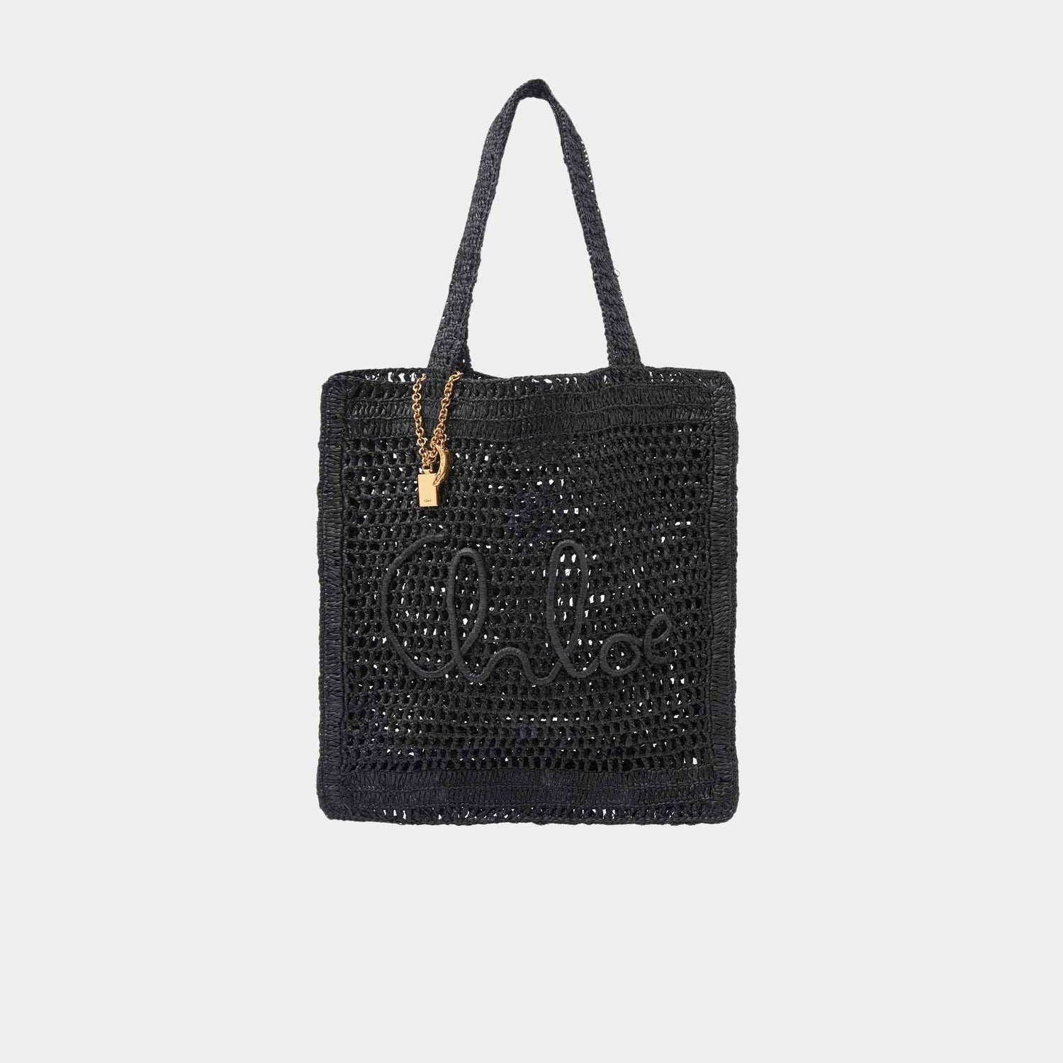 Chloe Summer Banana Tote Bag in Raffia, Black, Front