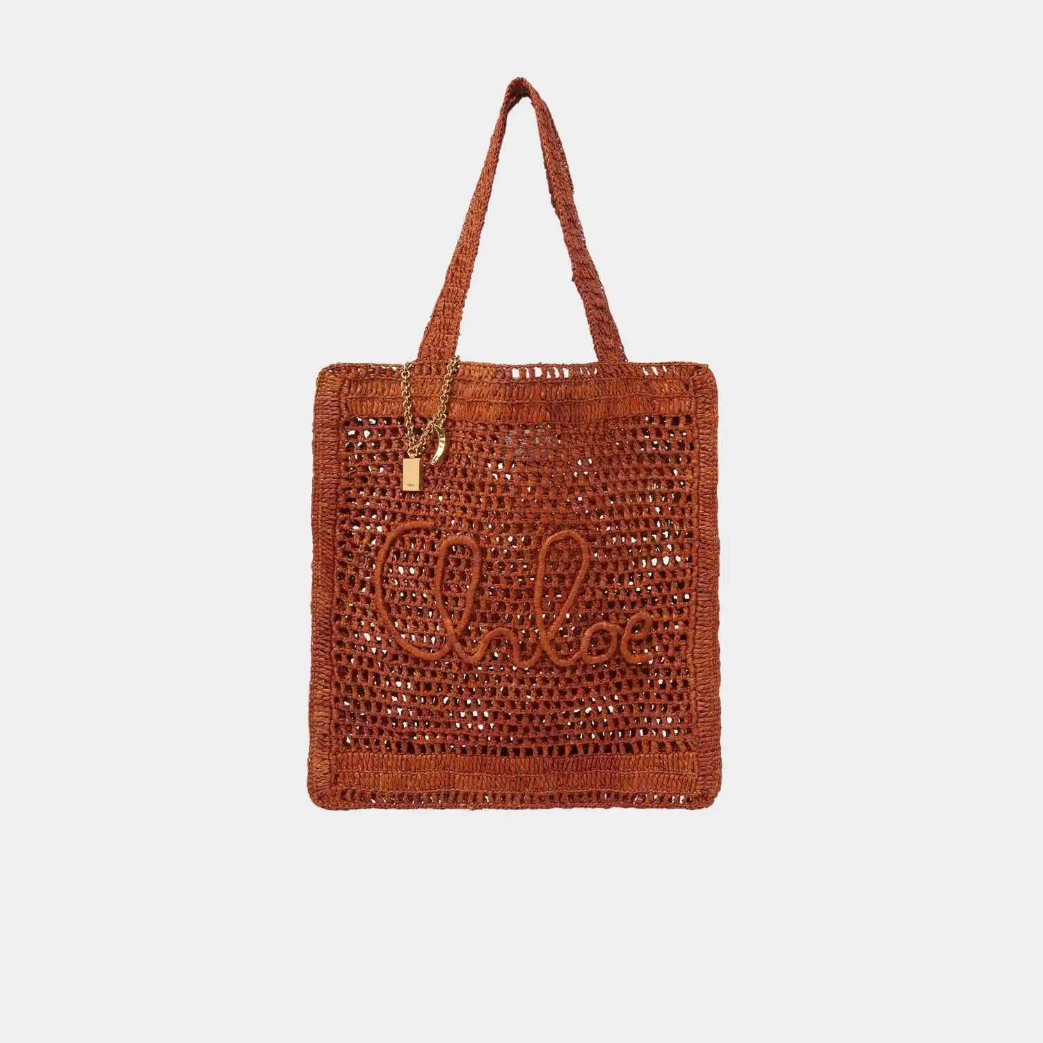 Chloe Summer Banana Tote Bag in Raffia, Clay Brown, Front