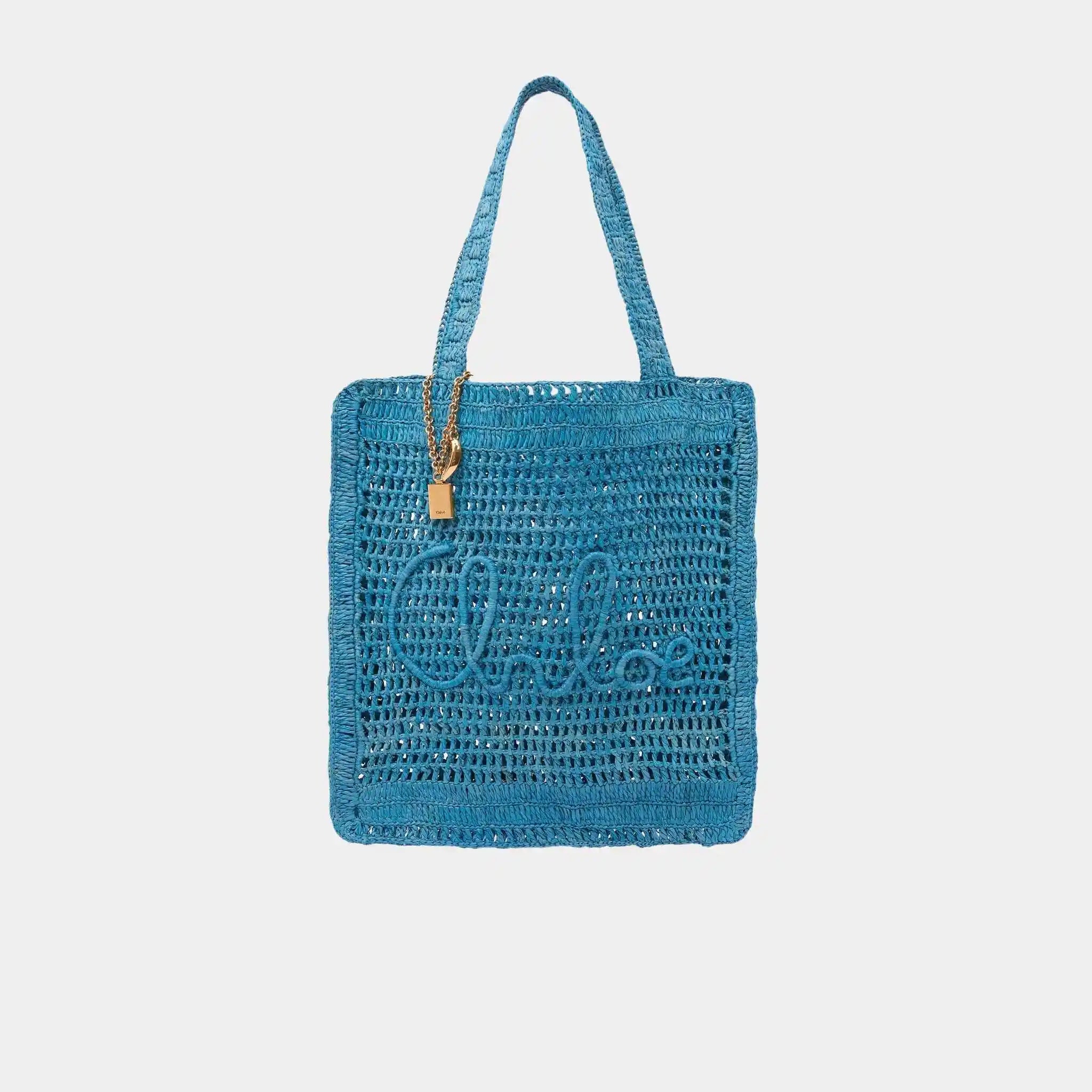 Chloe Summer Banana Tote Bag in Raffia, Stormy Sea, Front