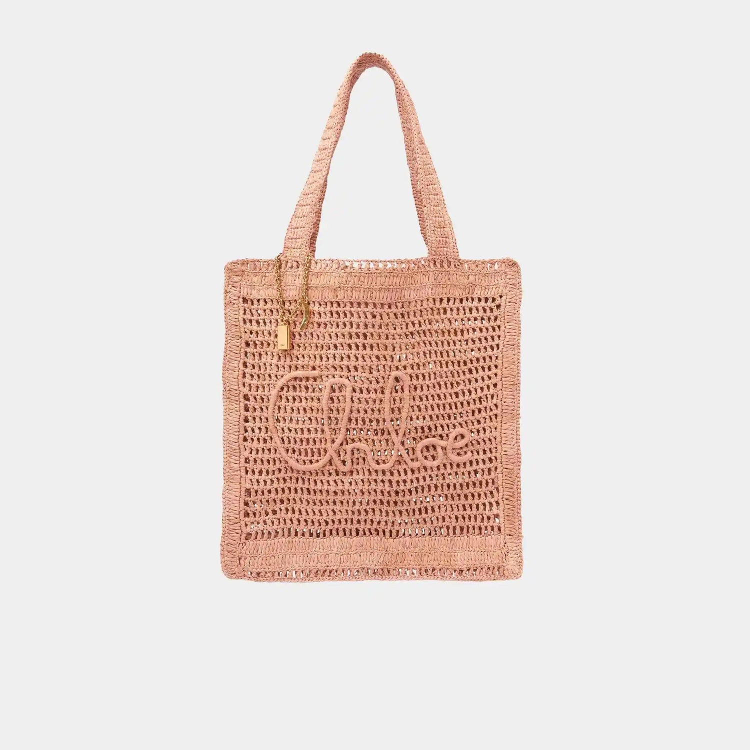 Chloe Summer Banana Tote Bag in Raffia, Beige, Front