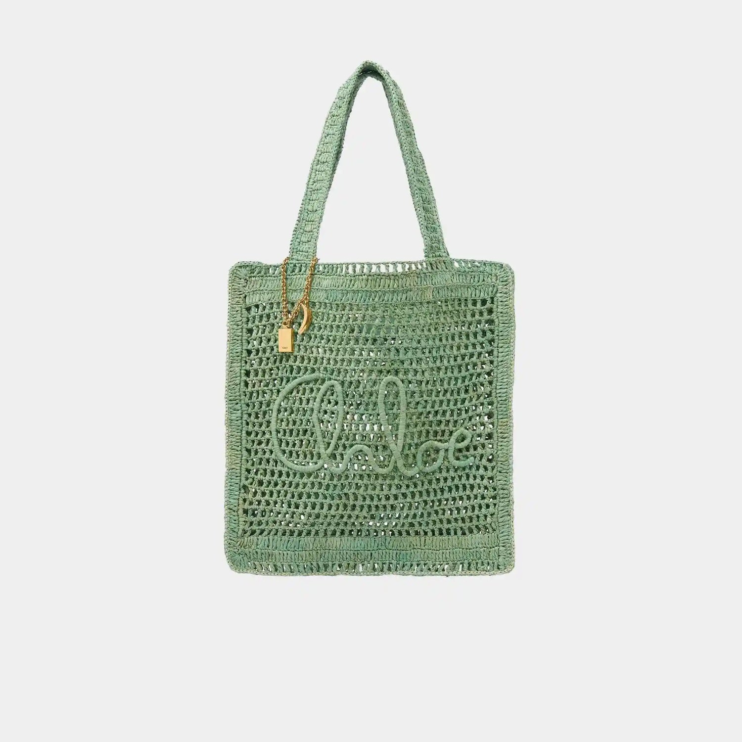 Chloe Summer Banana Tote Bag in Raffia, Green, Front