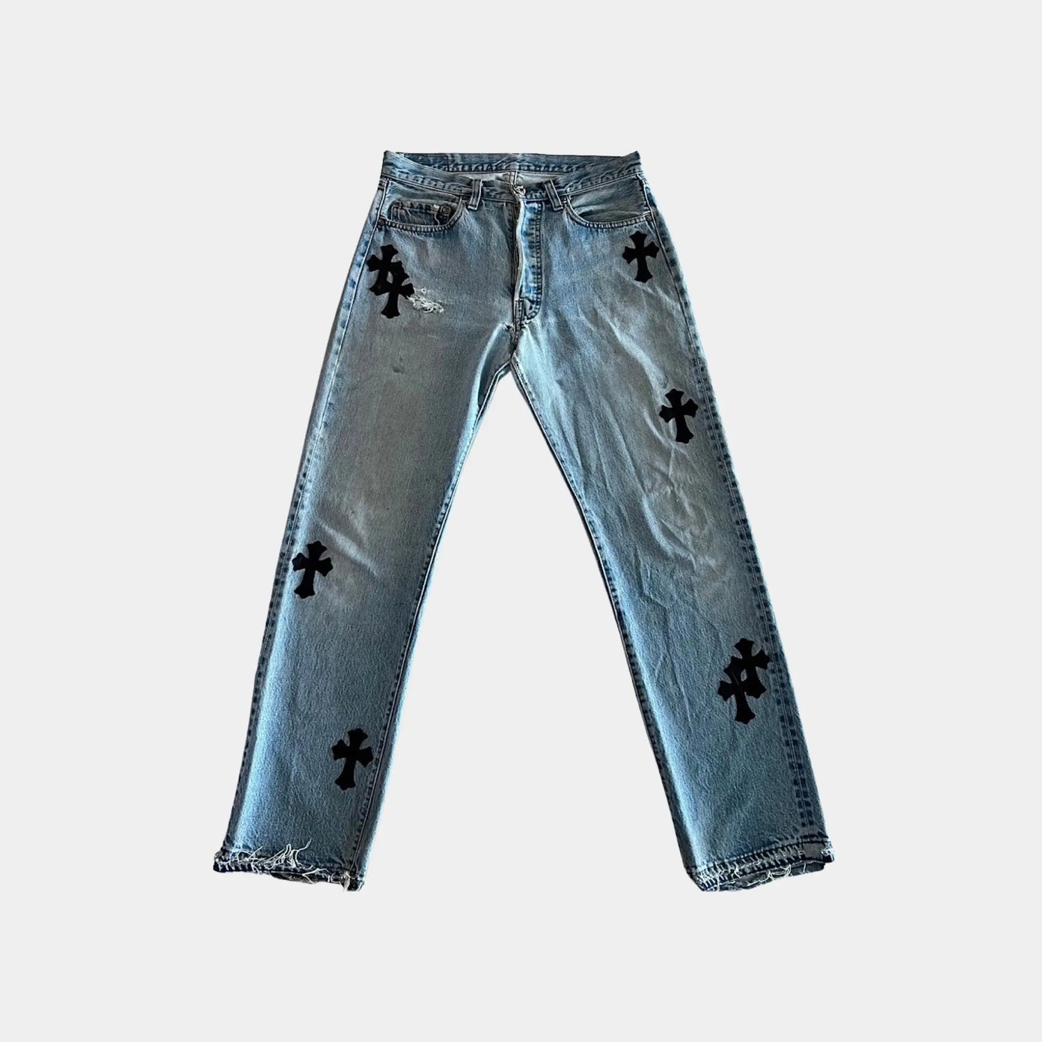 Chrome Hearts Made to Order Cross Carpenter Pants, Washed Light Blue and Black, Front