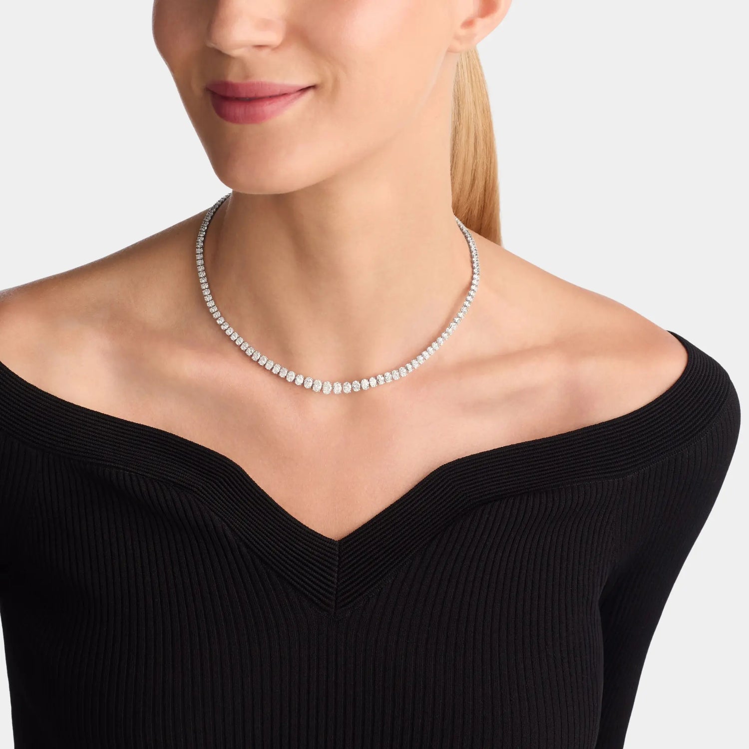 Classic Graff White Oval Diamond Graduated Line Necklace, Model