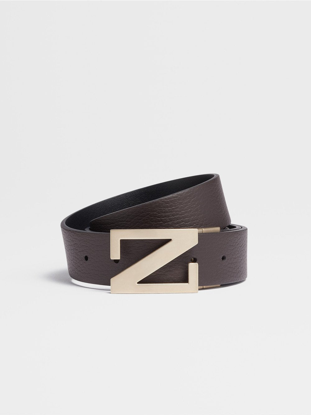 Dark Brown Grained Leather and Black Leather Reversible Belt