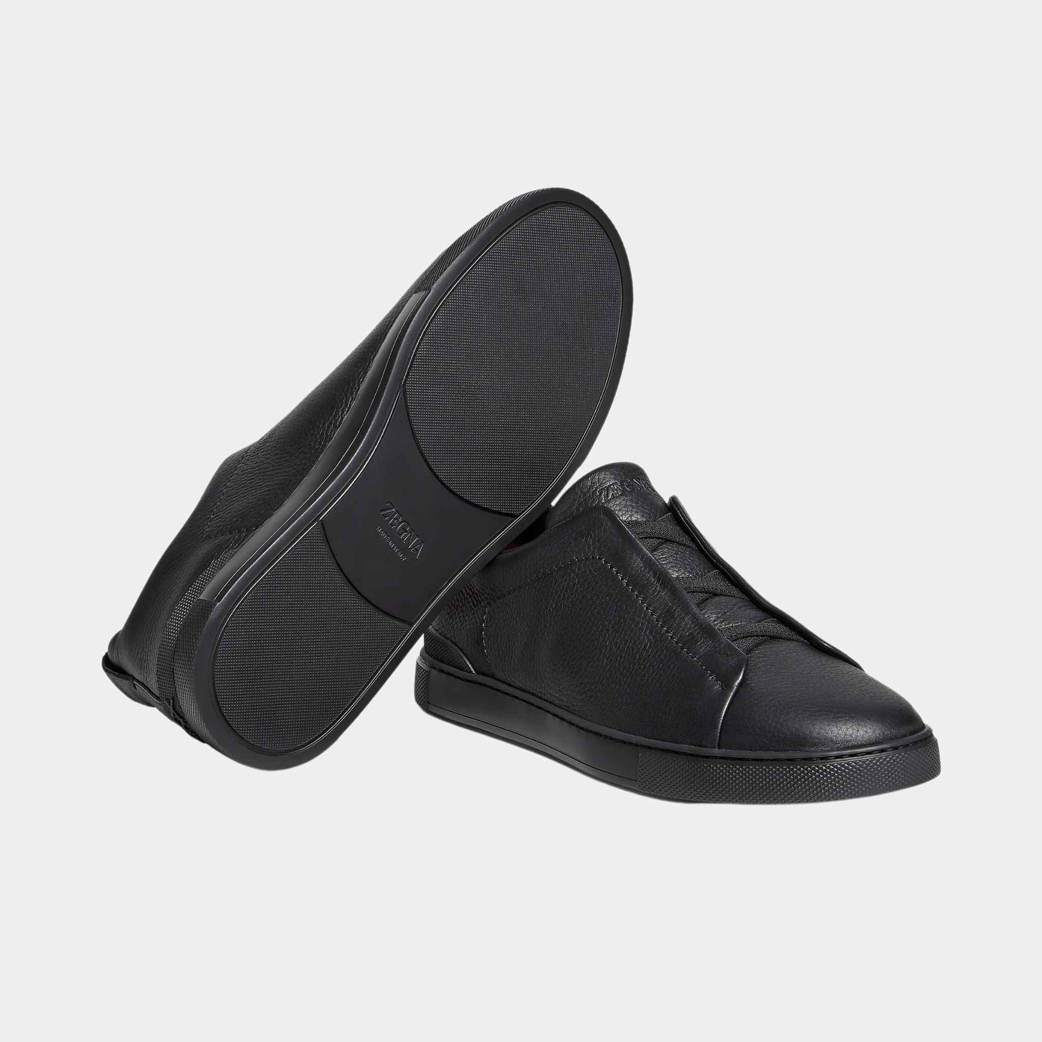 Zegna Deerskin Triple Stitch Sneakers, All Black, Close