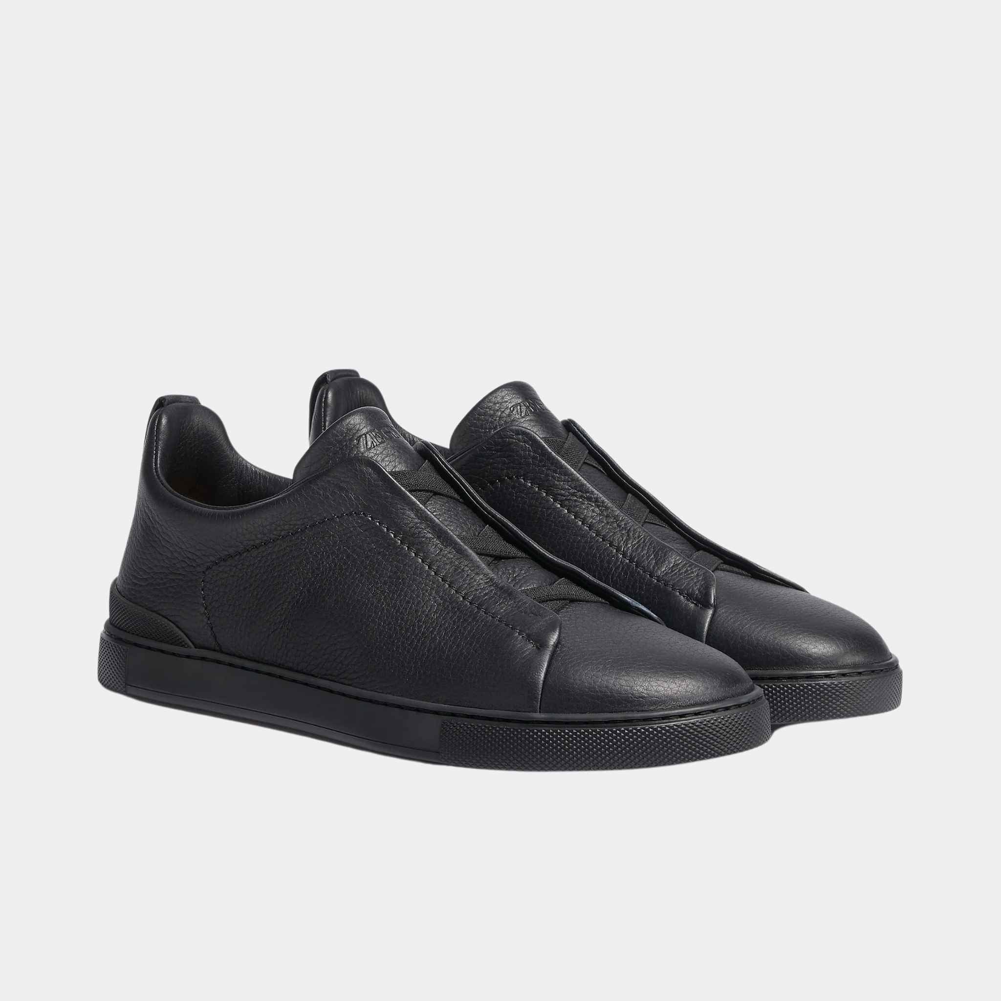 Zegna Deerskin Triple Stitch Sneakers, All Black, , Front