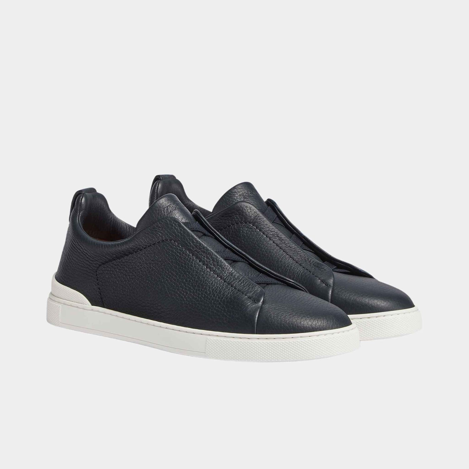 Zegna Deerskin Triple Stitch Sneakers, Navy Blue, Front