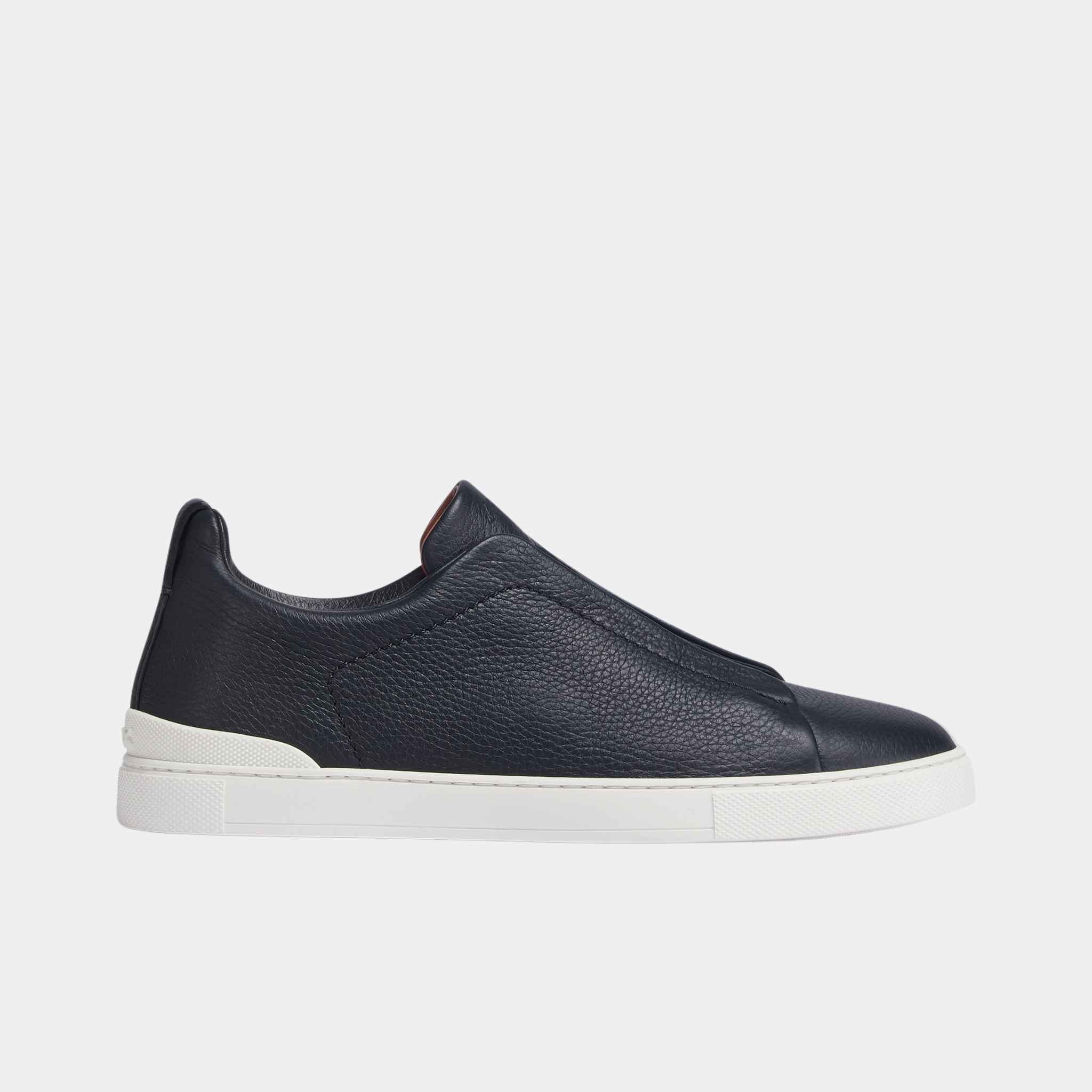 Zegna Deerskin Triple Stitch Sneakers, Navy Blue, Side