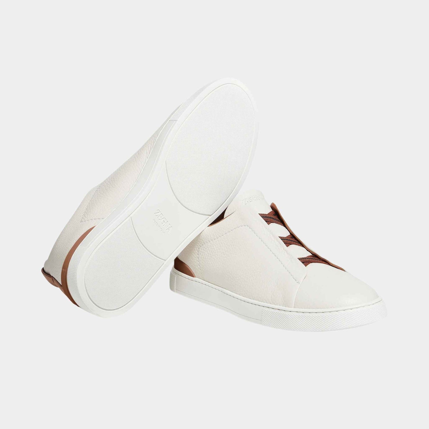 Zegna Deerskin Triple Stitch Sneakers, Off White, Tan, Close