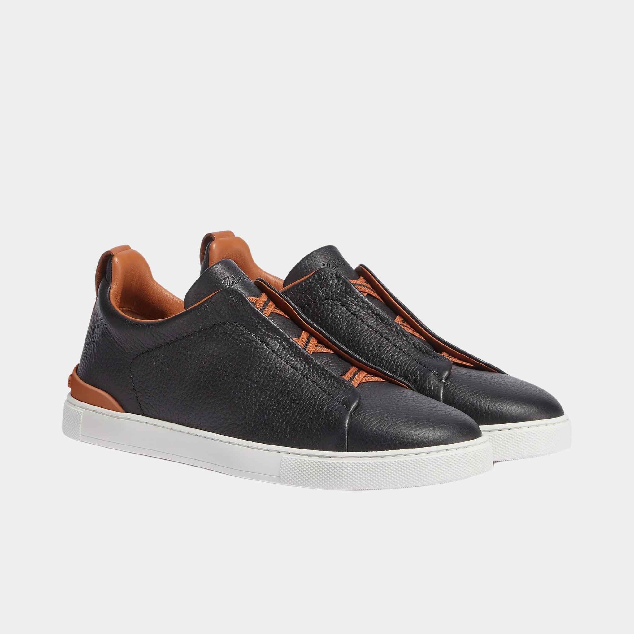 Zegna Deerskin Triple Stitch Sneakers, Black, Front