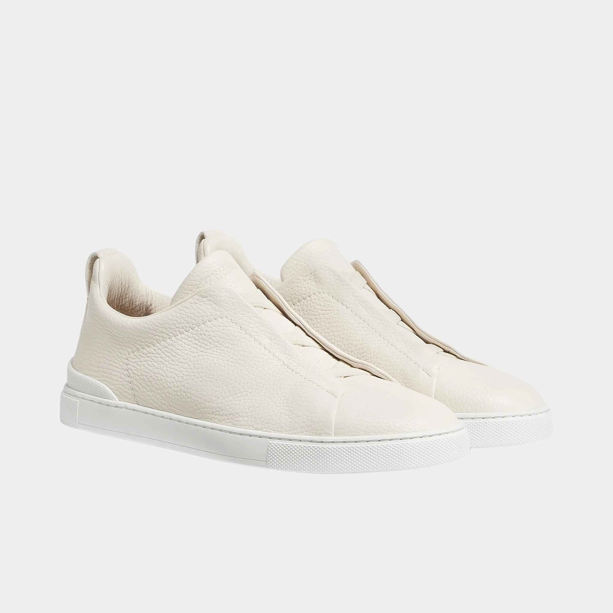 Zegna Deerskin Triple Stitch Sneakers, Off White, Front