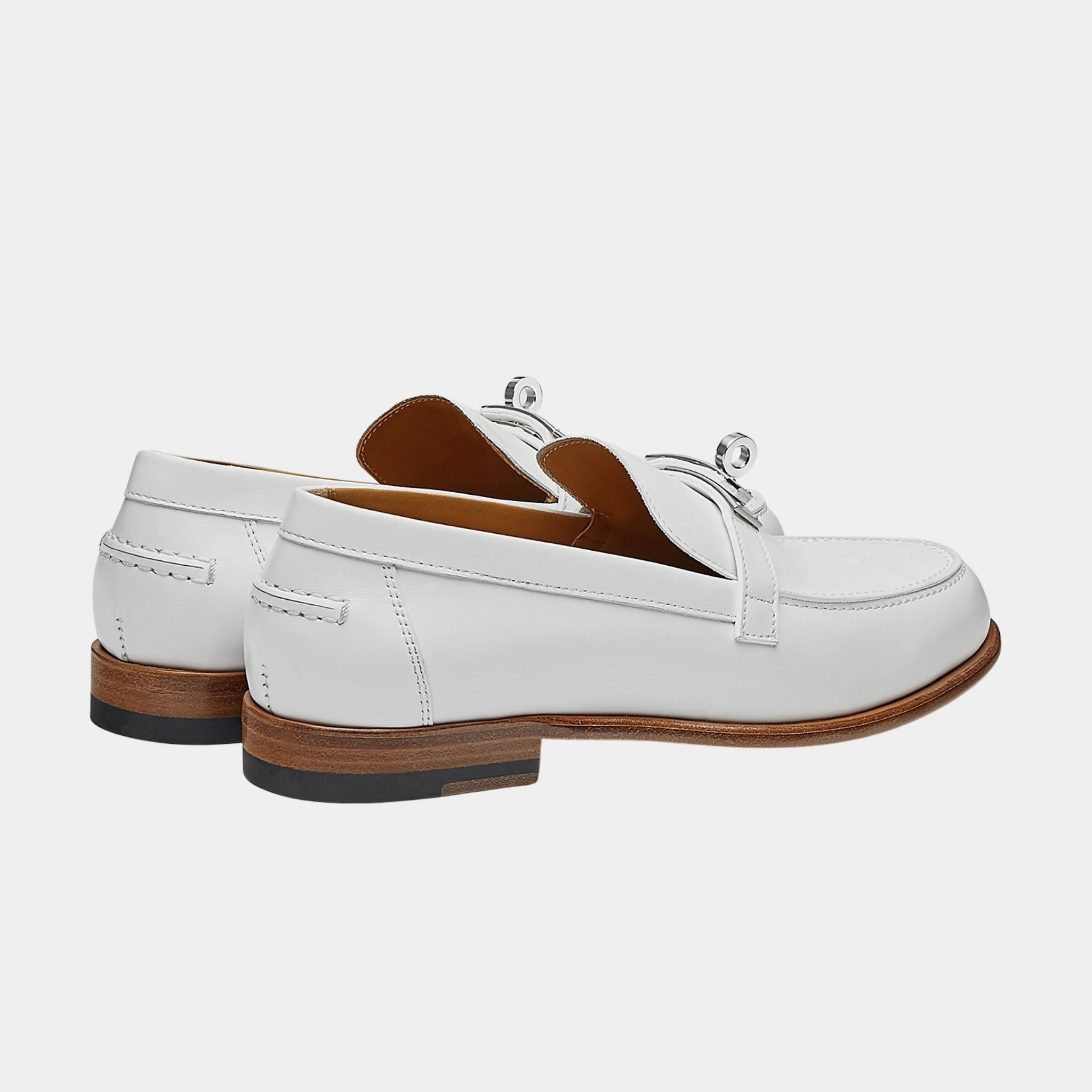 Hermes Destin Loafer in Calfskin with Palladium Plated Buckle, Blanc, Back