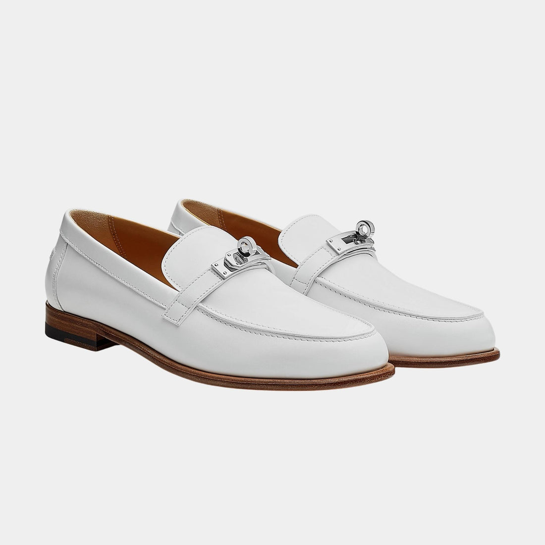 Hermes Destin Loafer in Calfskin with Palladium Plated Buckle, Blanc, Front
