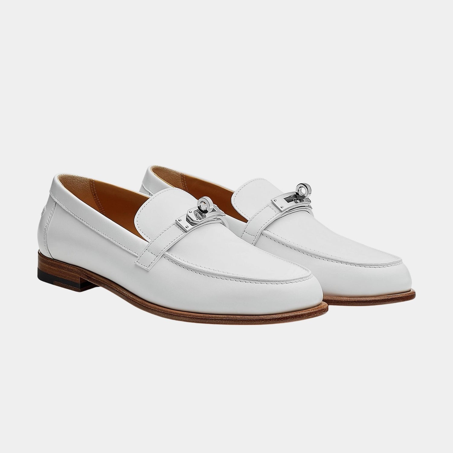Hermes Destin Loafer in Calfskin with Palladium Plated Buckle, Blanc, Front