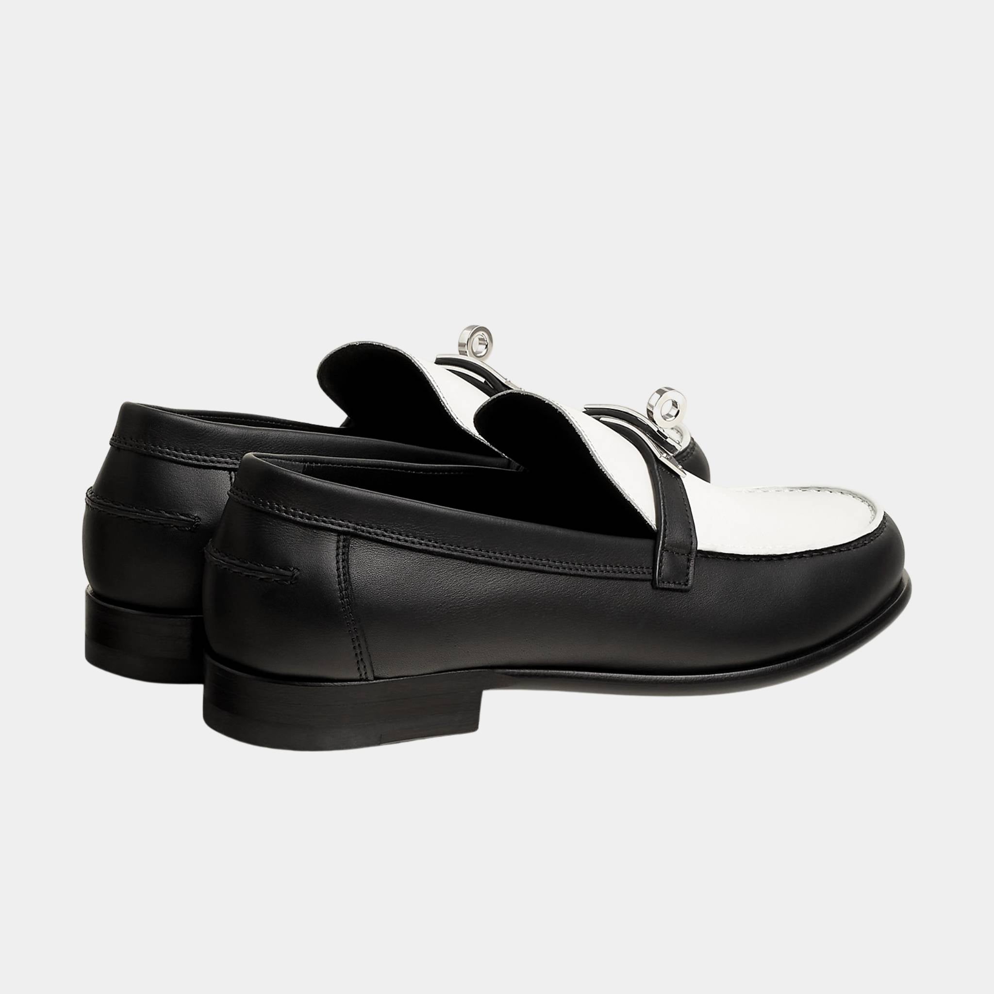 Hermes Destin Loafer in Calfskin with Palladium Plated Buckle, Noir, Blanc, Back
