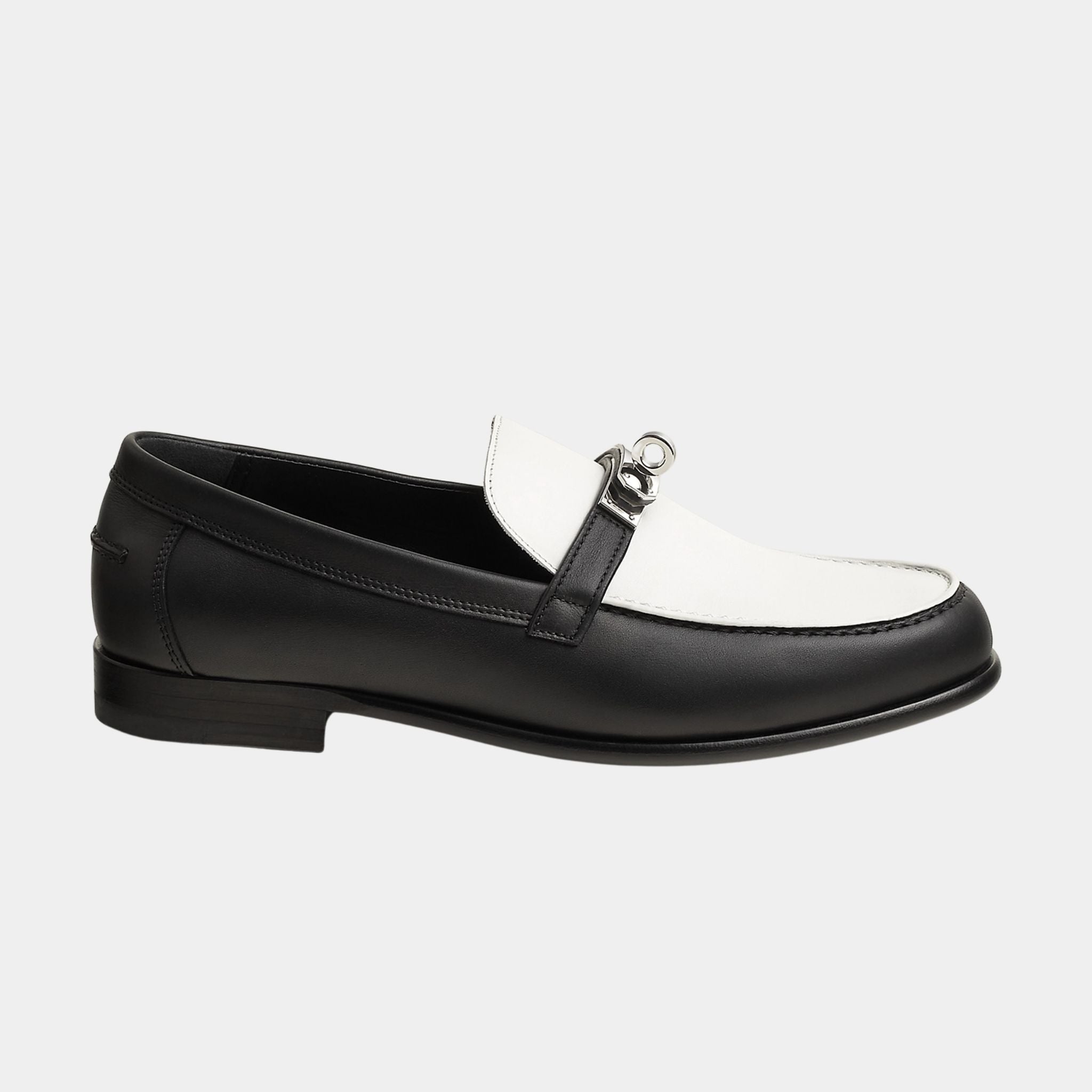 Hermes Destin Loafer in Calfskin with Palladium Plated Buckle, Noir, Blanc, Side