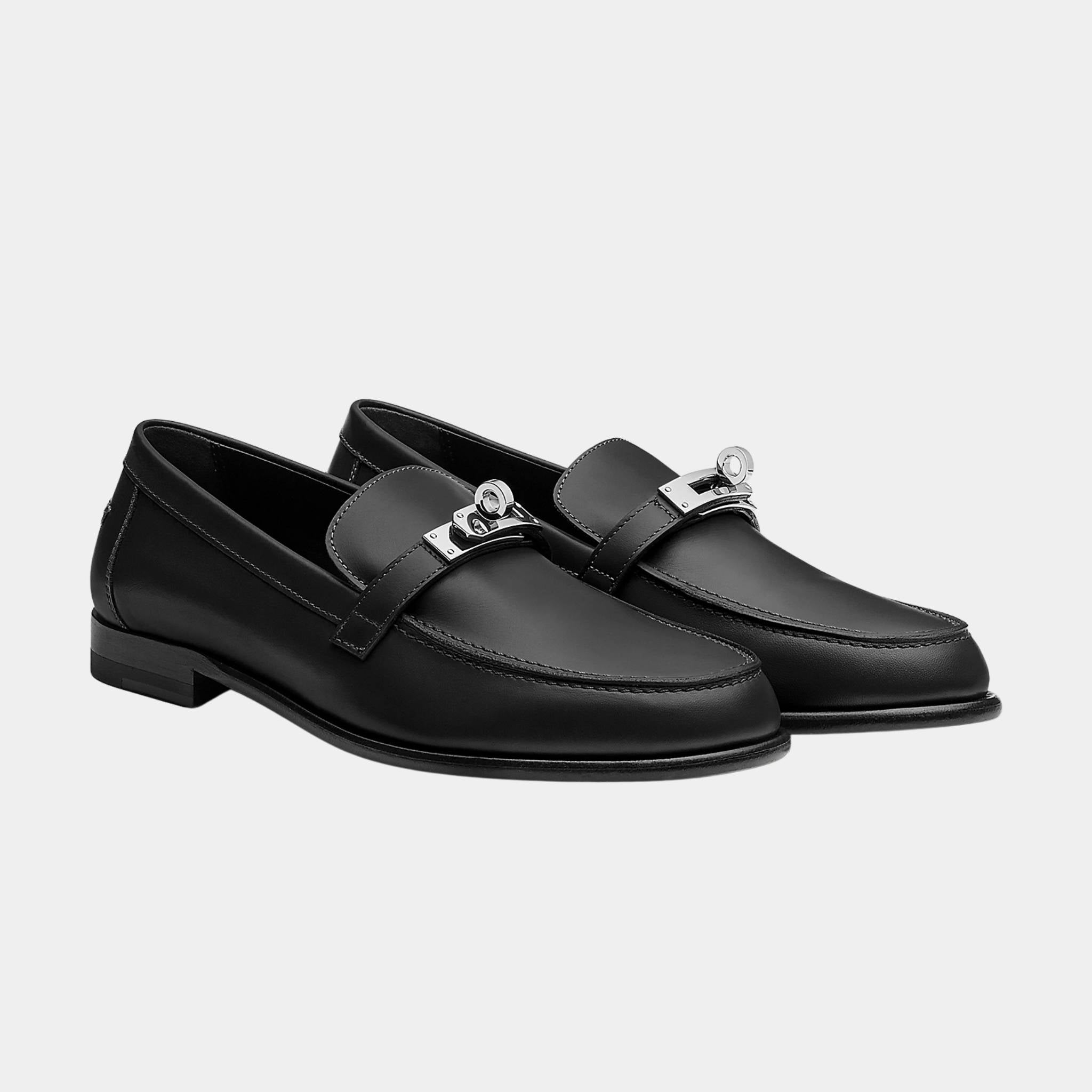Hermes Destin Loafer in Calfskin with Palladium Plated Buckle, Noir, Front
