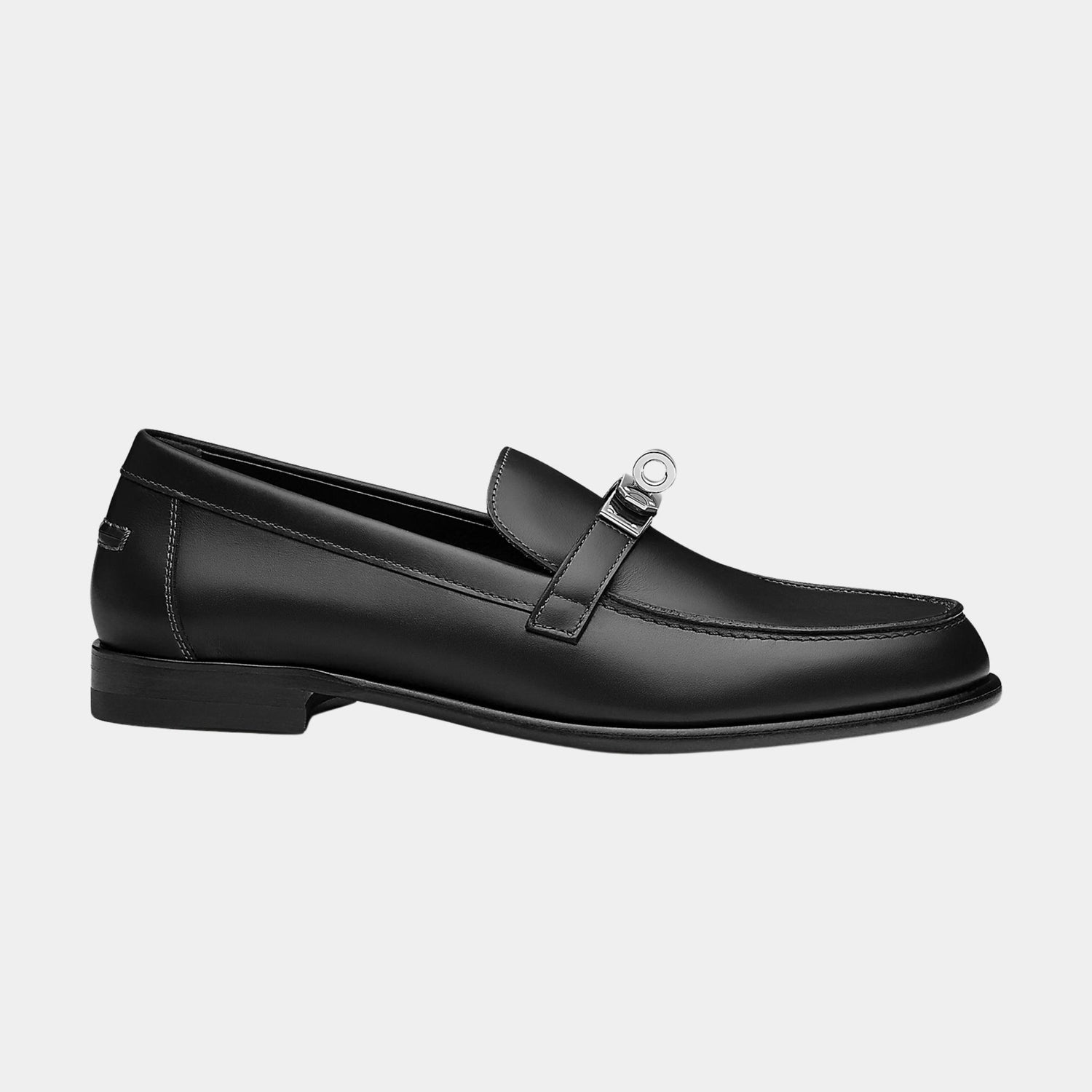 Hermes Destin Loafer in Calfskin with Palladium Plated Buckle, Noir, Side