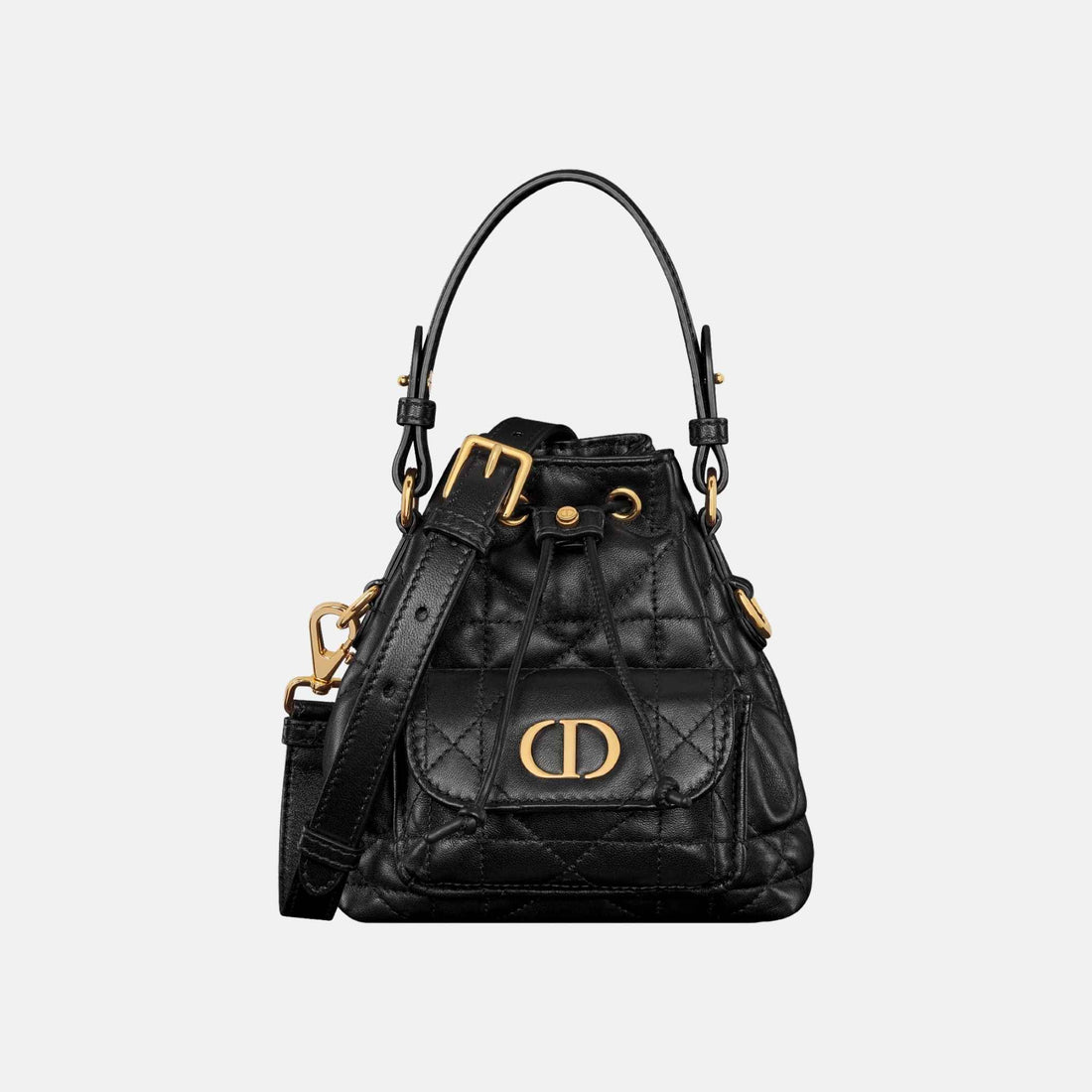 Dior Caro Nano Bucket Bag In Macrocannage Lambskin, Black, Front