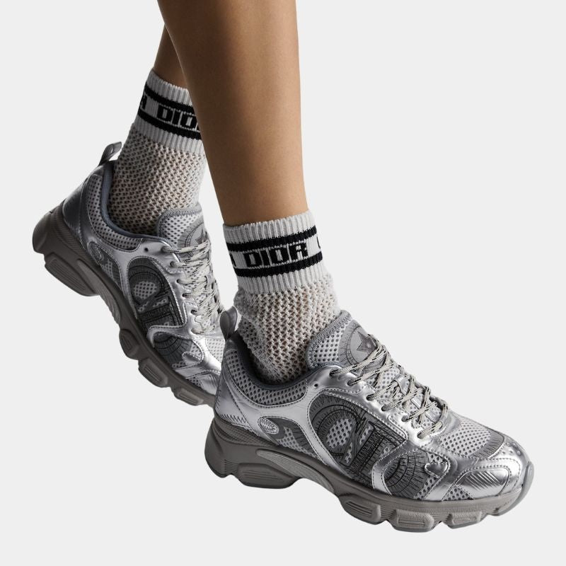 Dior Chrono Sneaker Gray Mesh With SilverTone Laminated LeatheEffect Panels, Silver, ModelView