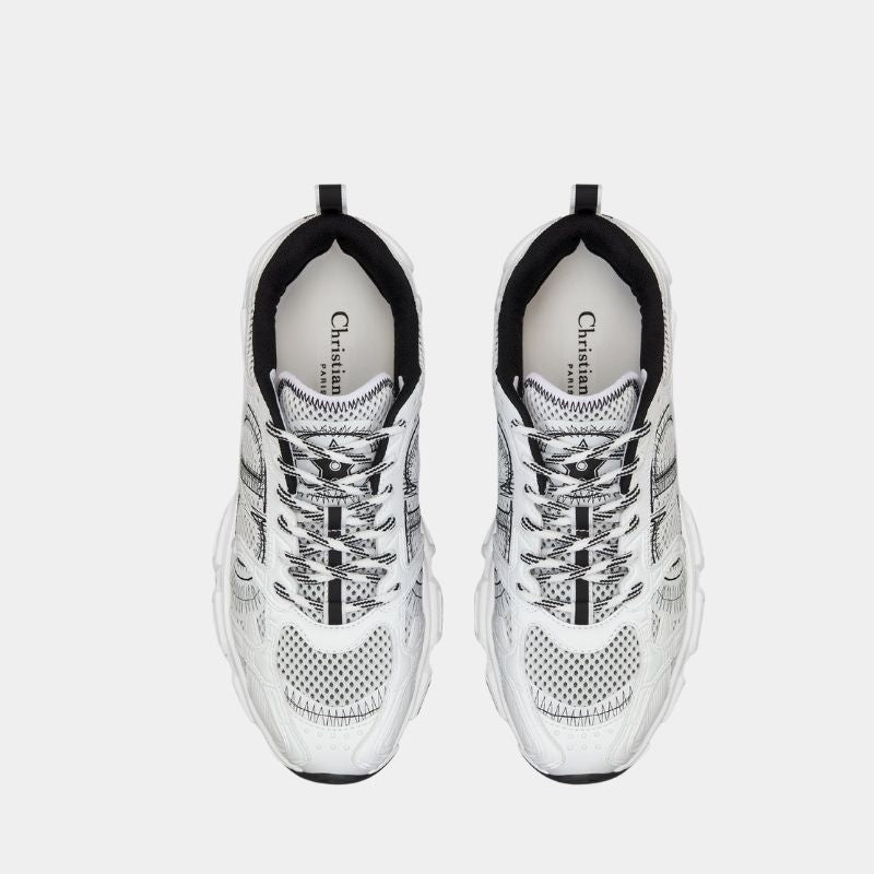 Dior Chrono Sneaker Mesh With White And Black Leather Effect Panels, White, FullView