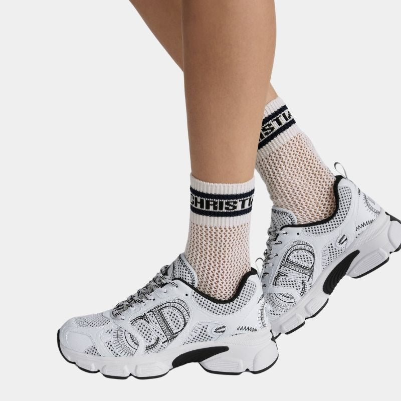 Dior Chrono Sneaker Mesh With White And Black Leather Effect Panels, White, ModelSideView