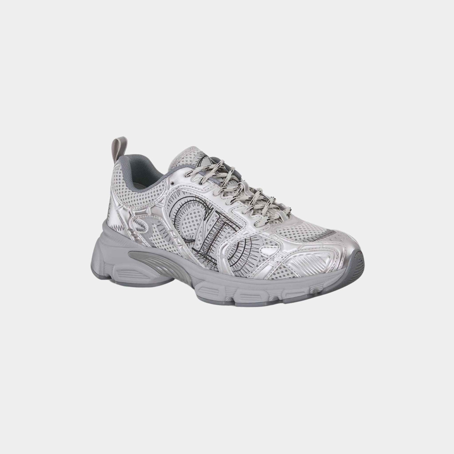 Dior Chrono Sneaker Trainers Gray Mesh with Silver Tone Leather, front and side