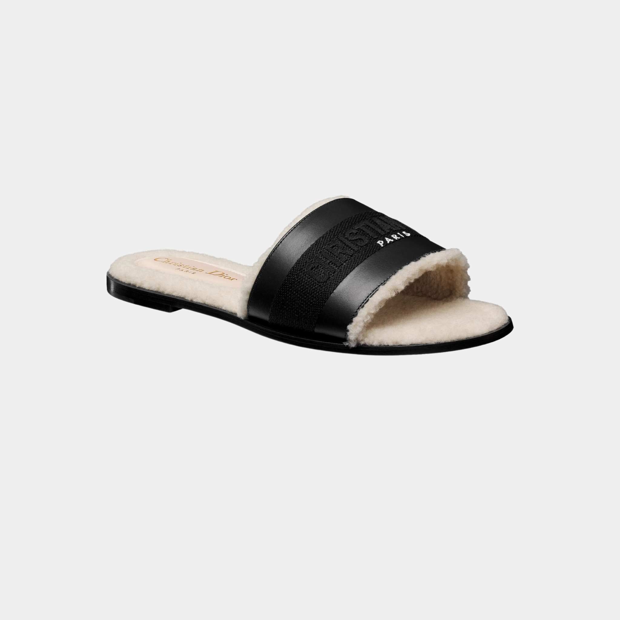 Dior Dway Slide Calfskin And Embroidered Cotton, Black, Front