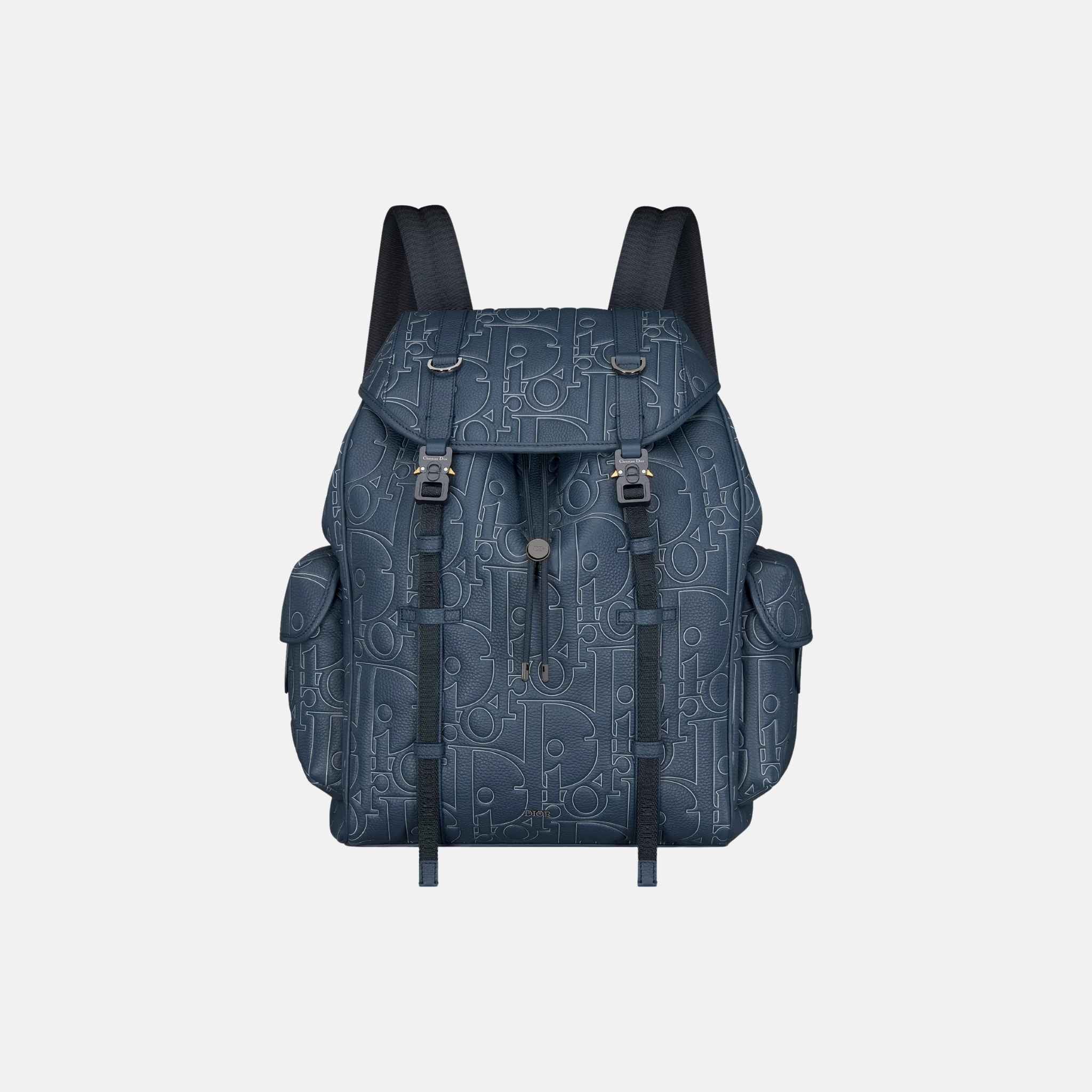 Dior Hit The Road Backpack In Outline Leather And Grained Calfskin, Navy Blue, Front
