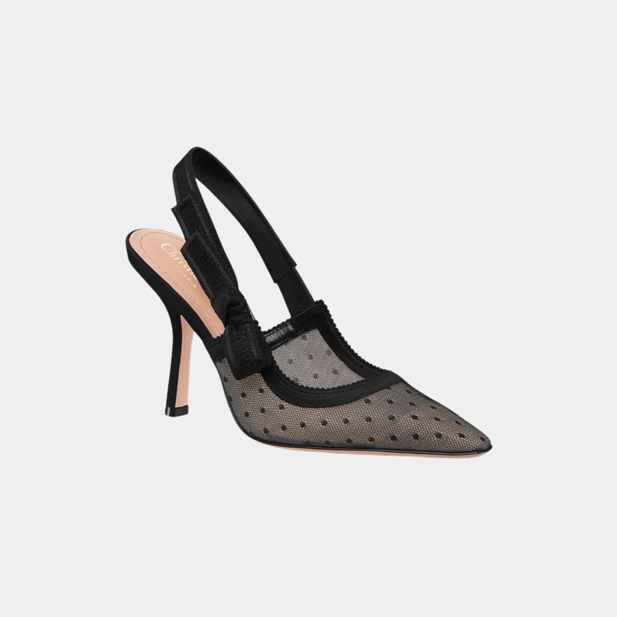 Dior J Adior Slingback Pumps Transparent Mesh and Black Plumetis, Black, Front