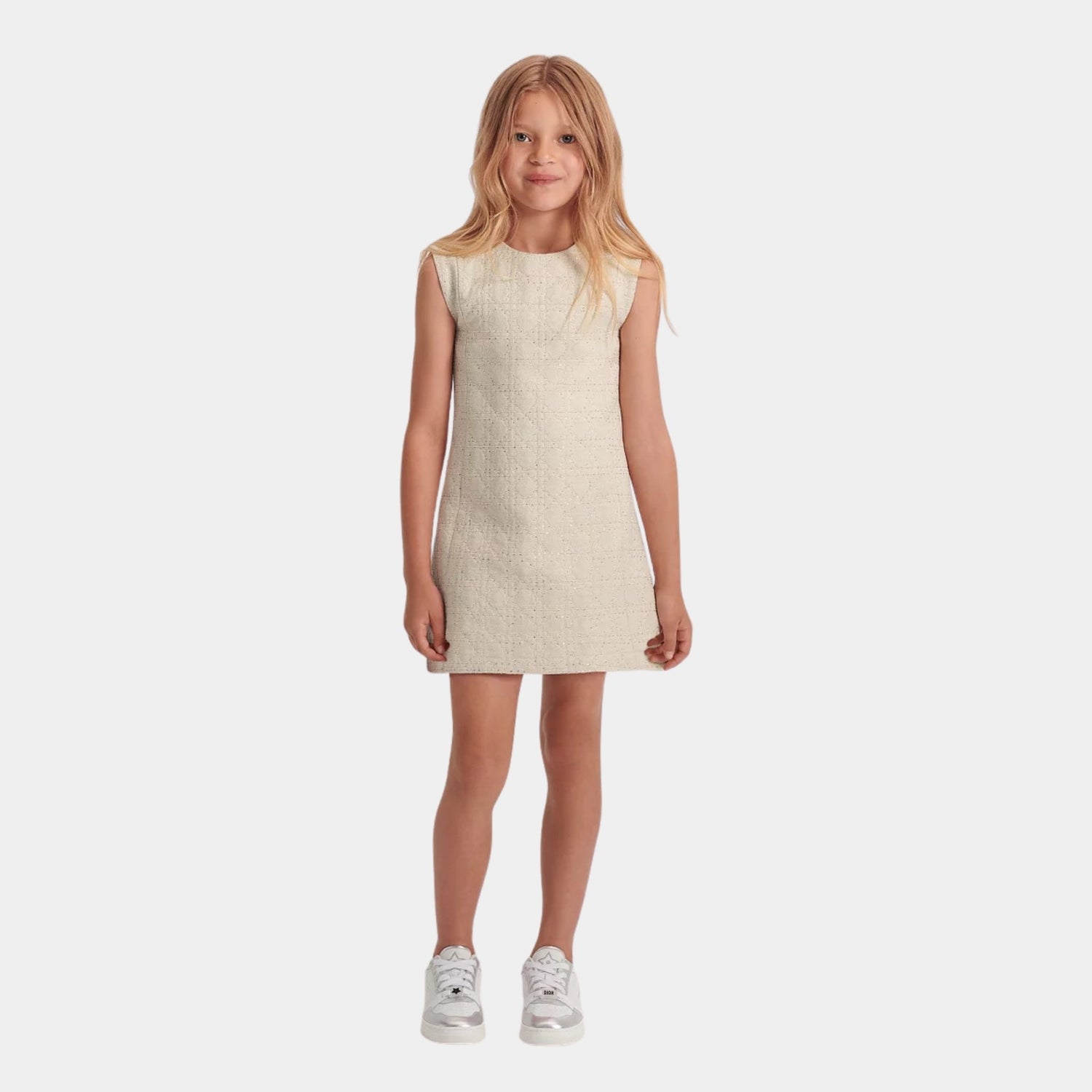 Dior Kids A-Line Dress Ivory Cotton Tweed with Gold-Tone Cannage, Model