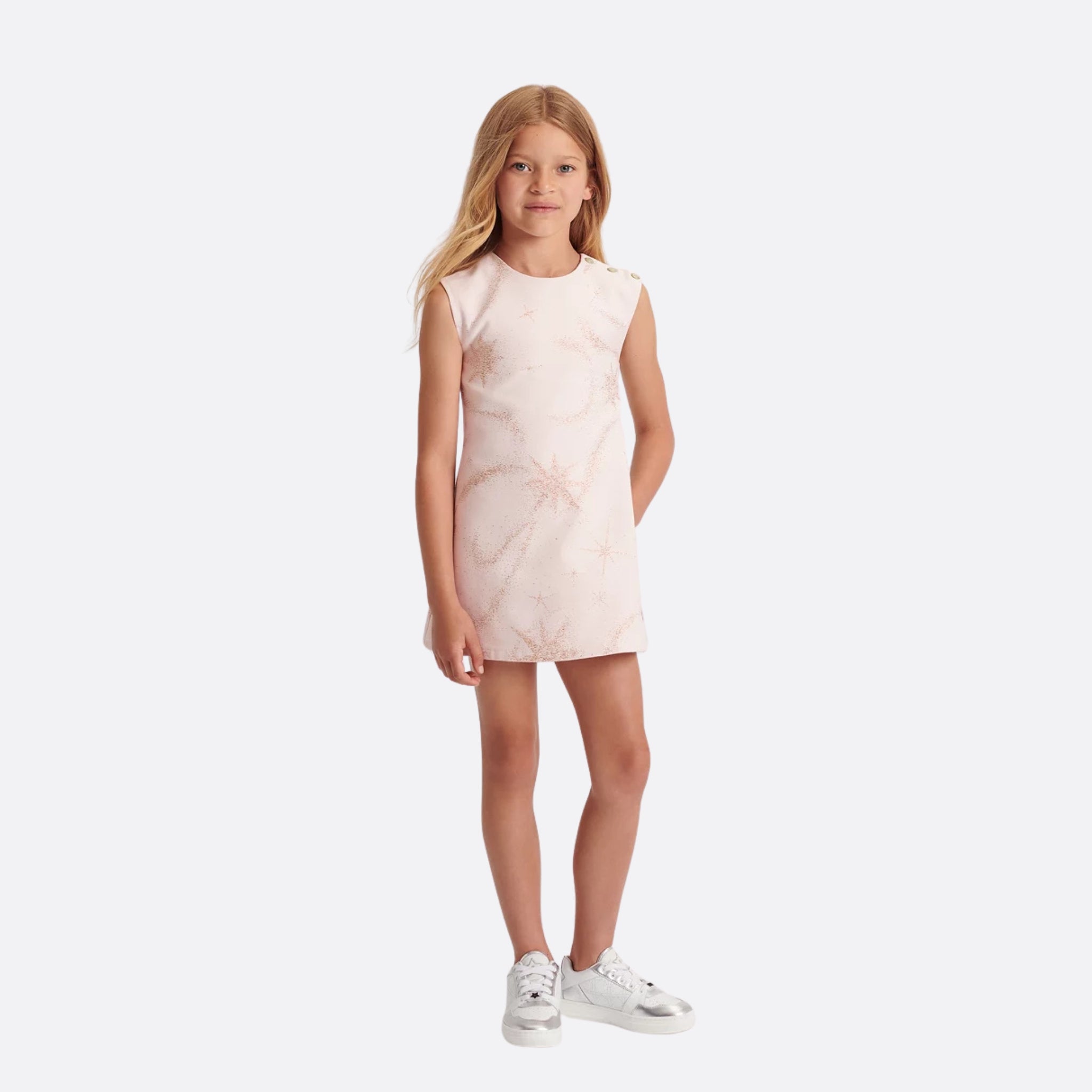 Dior Kids A-Line Dress Pale Pink Cotton Gabardine Constellation Motif, Model, Front