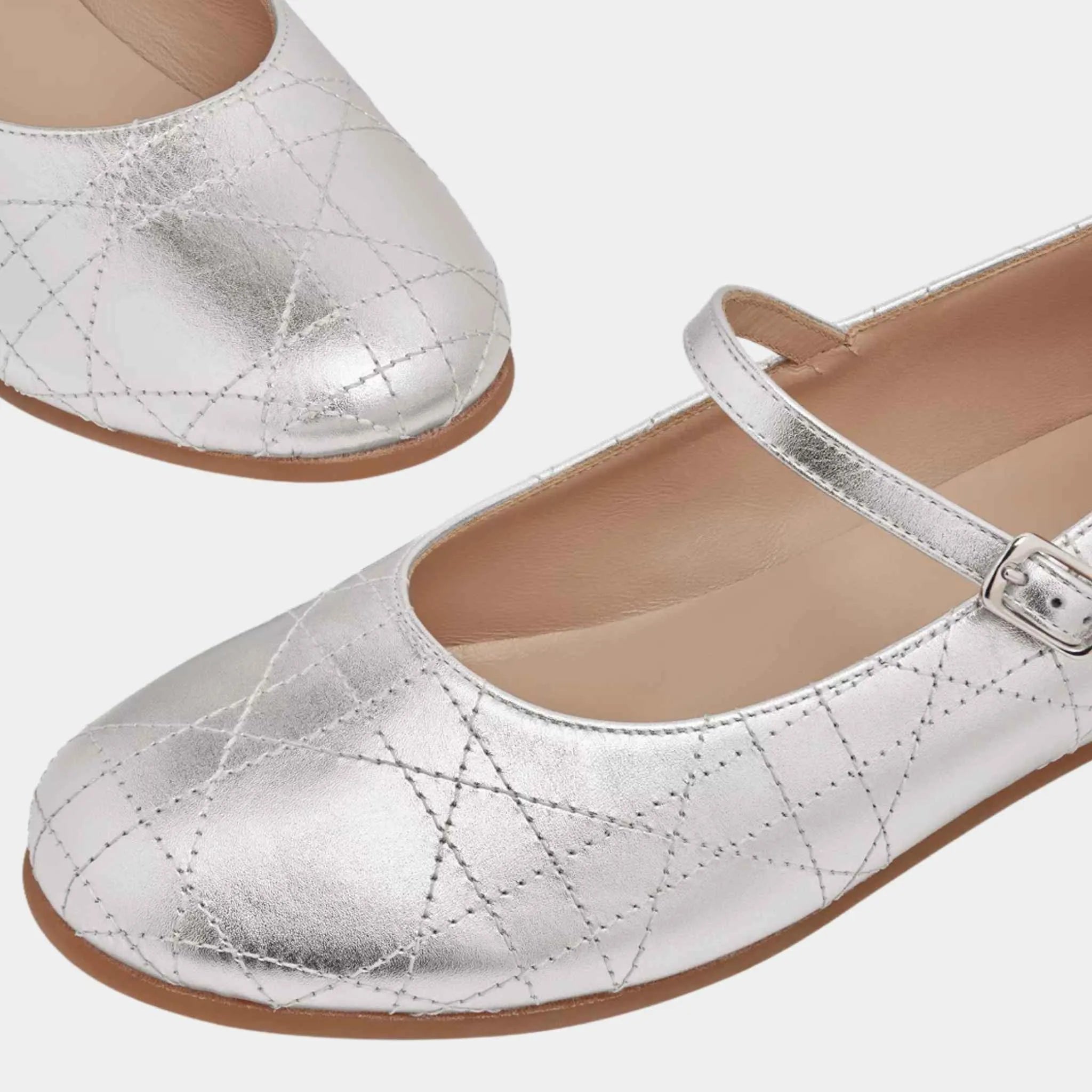 Dior Kids Ballet Flat Cannage Calfskin, Silver, Close