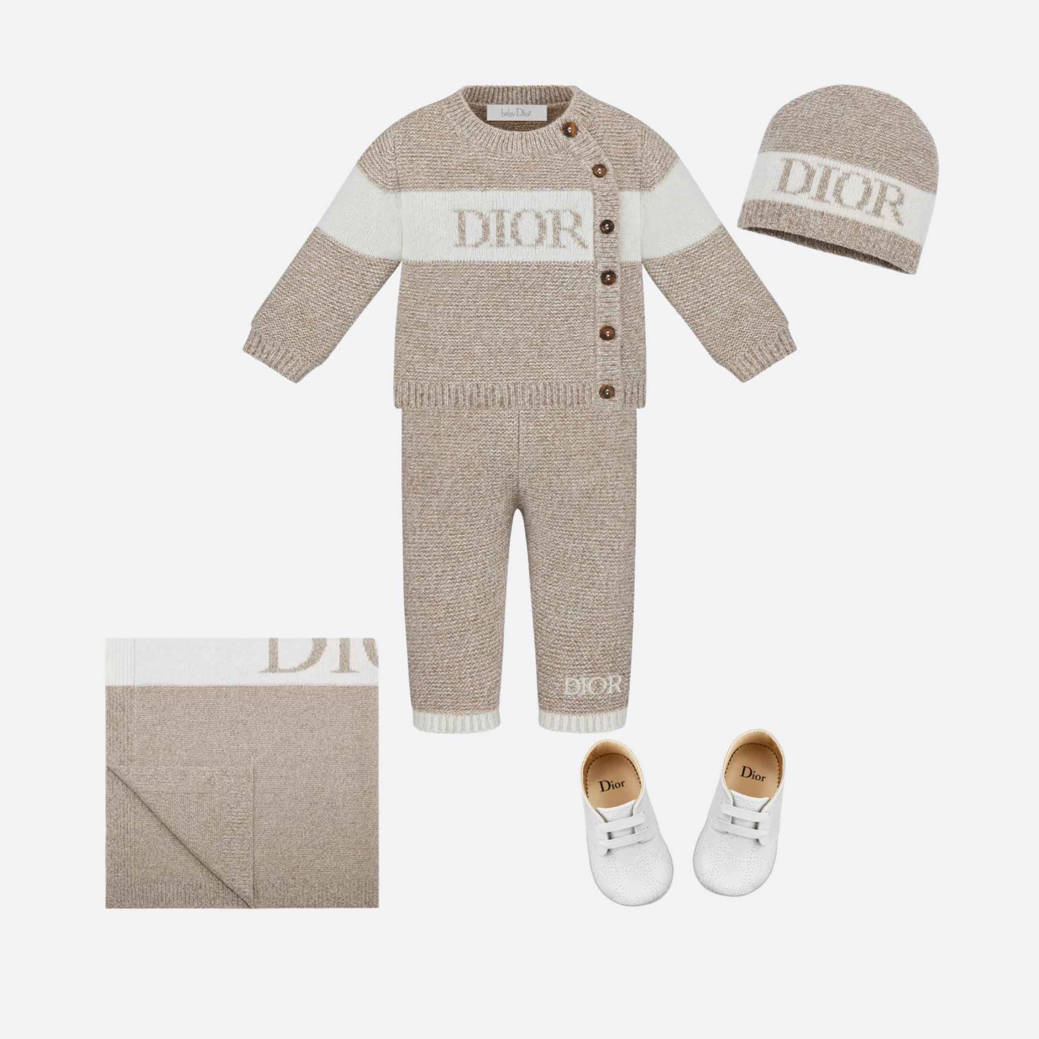 Dior Kids Beanie Heathered Beige and Ivory Wool and Cashmere-Blend Knit, Logo