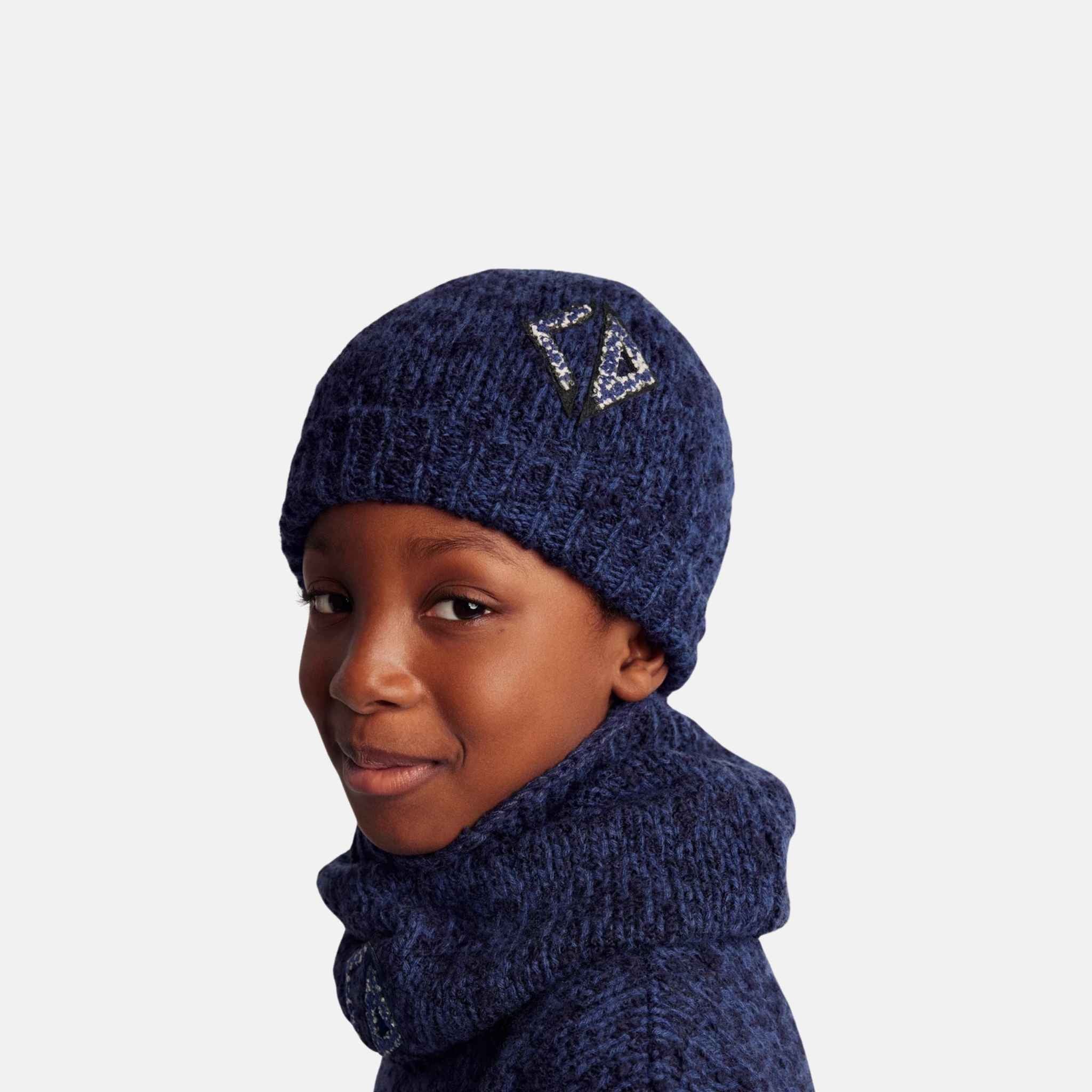 Dior Kids Beanie Navy Blue Wool Mouliné Knit, Model