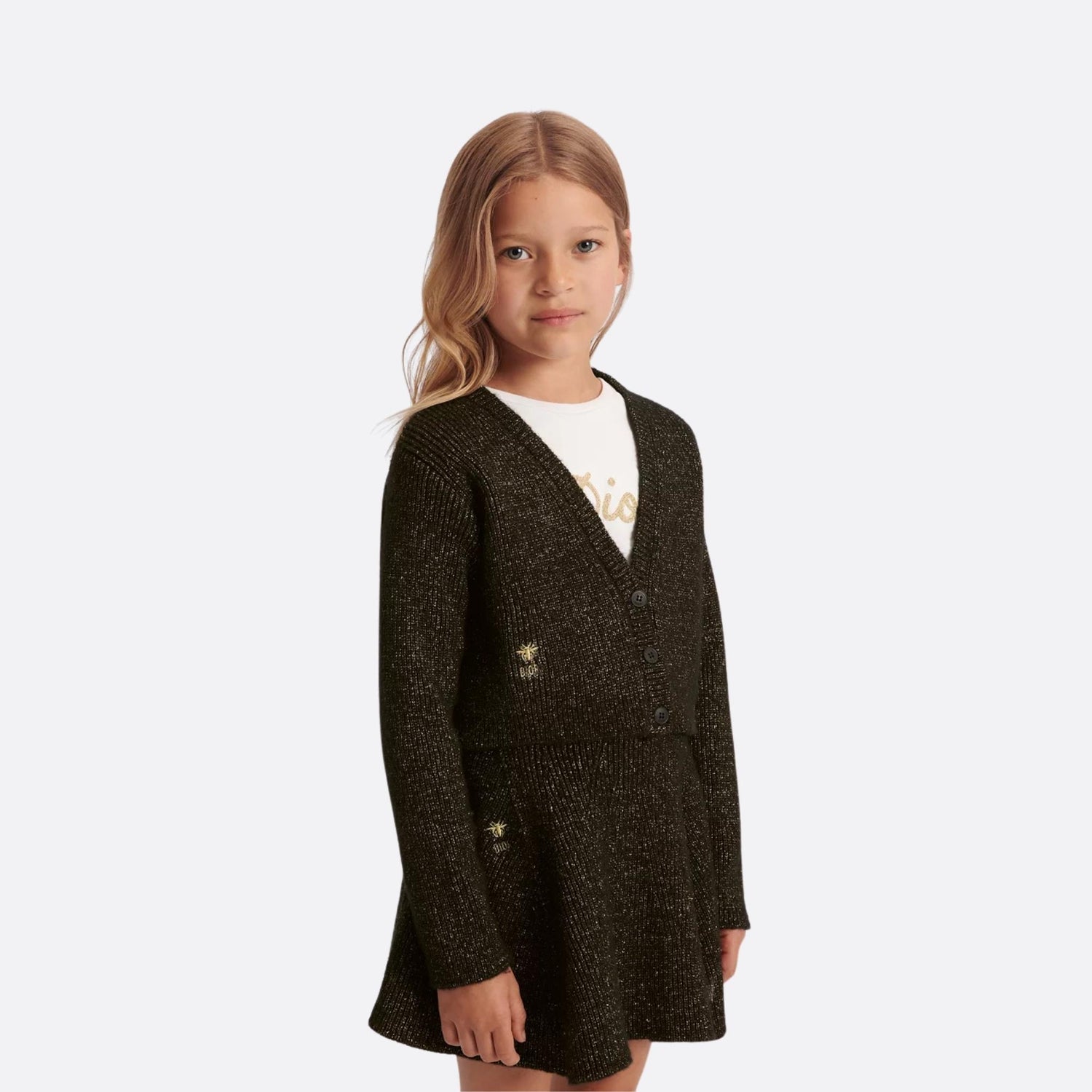 Dior Kids Cardigan Black and Gold Tone Wool Blend Knit, Model, Front View